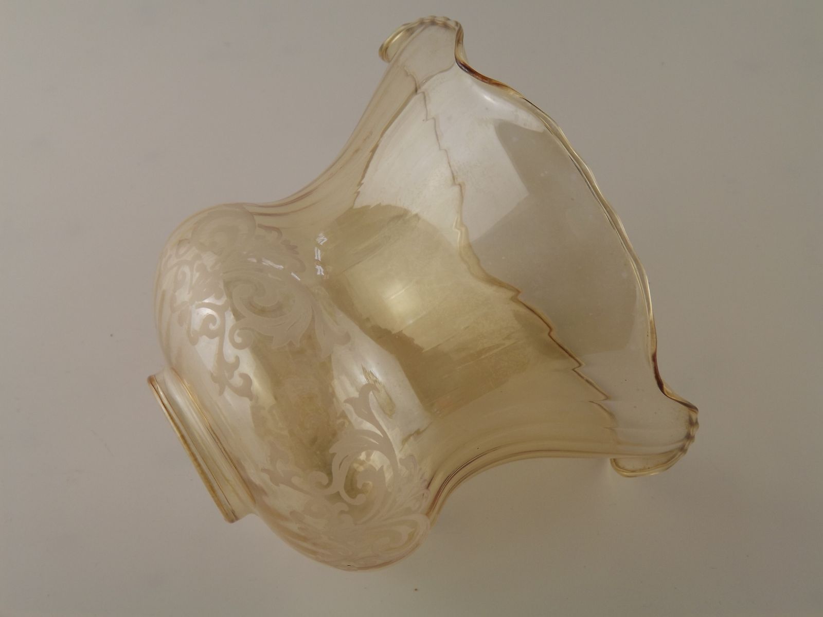 58.0 Set Of 2 Vintage Glass Bell Shades In Smoked Amber Glass With Scroll Motif And Ribbed Effect photo