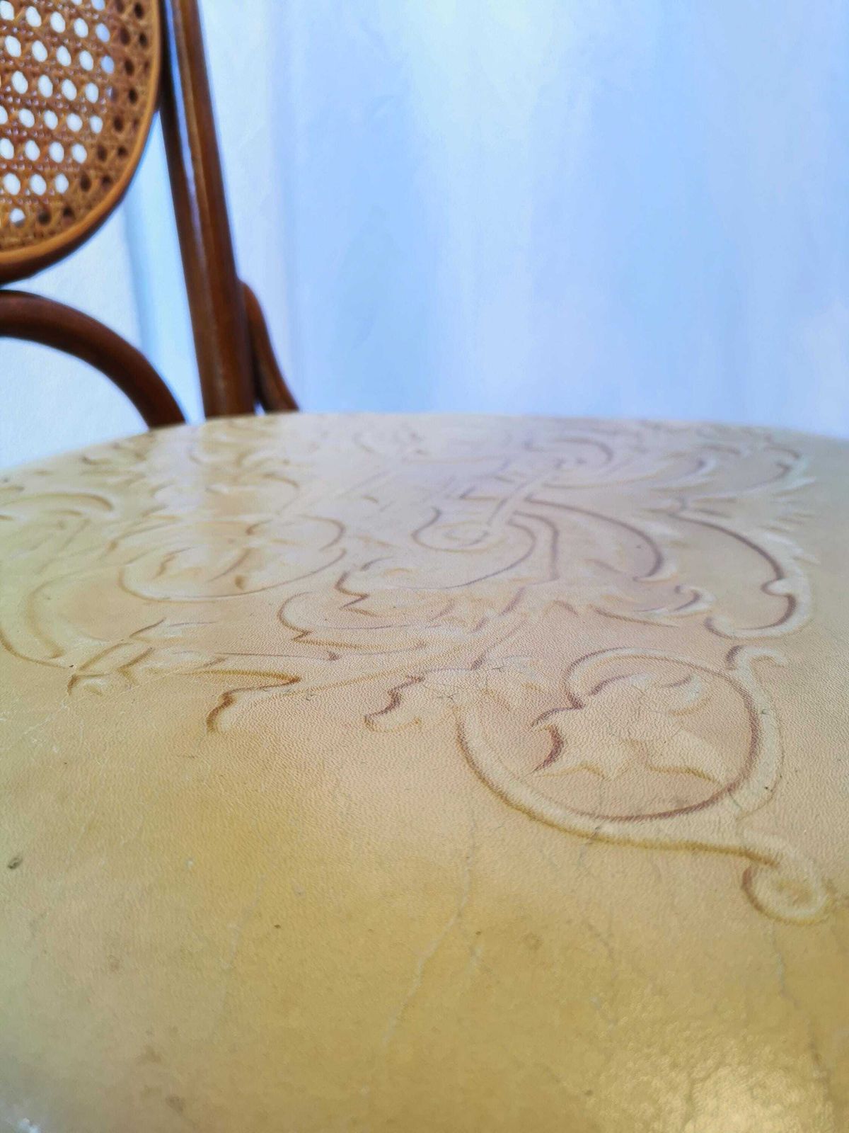 photo buy Set Of 4 Vintage Bentwood Dining Chairs: Cane Back, Leather Seat, Thonet Style