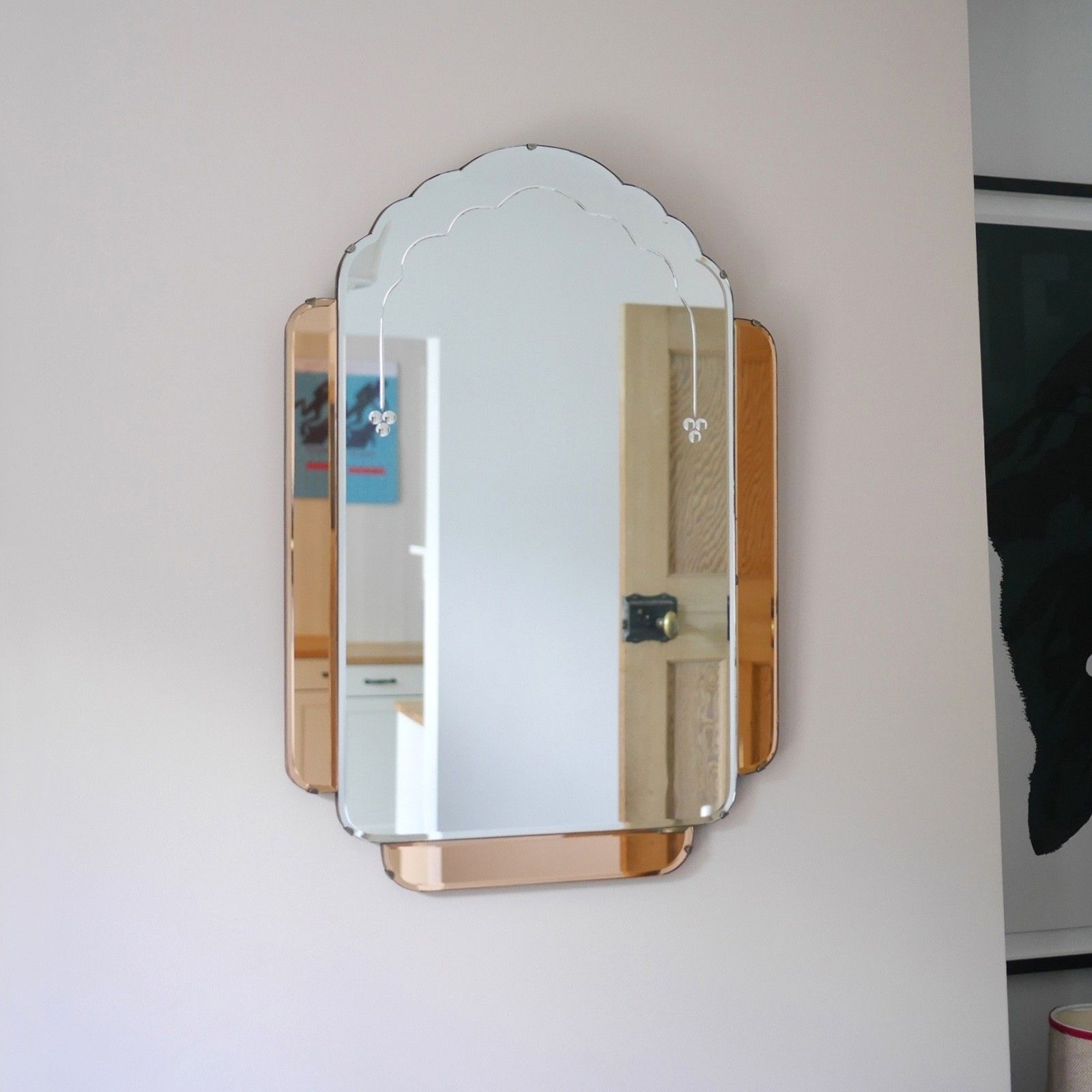Large Art Deco Vintage Peach Skyscraper Mirror Original 1930s #102999 photo 395.0
