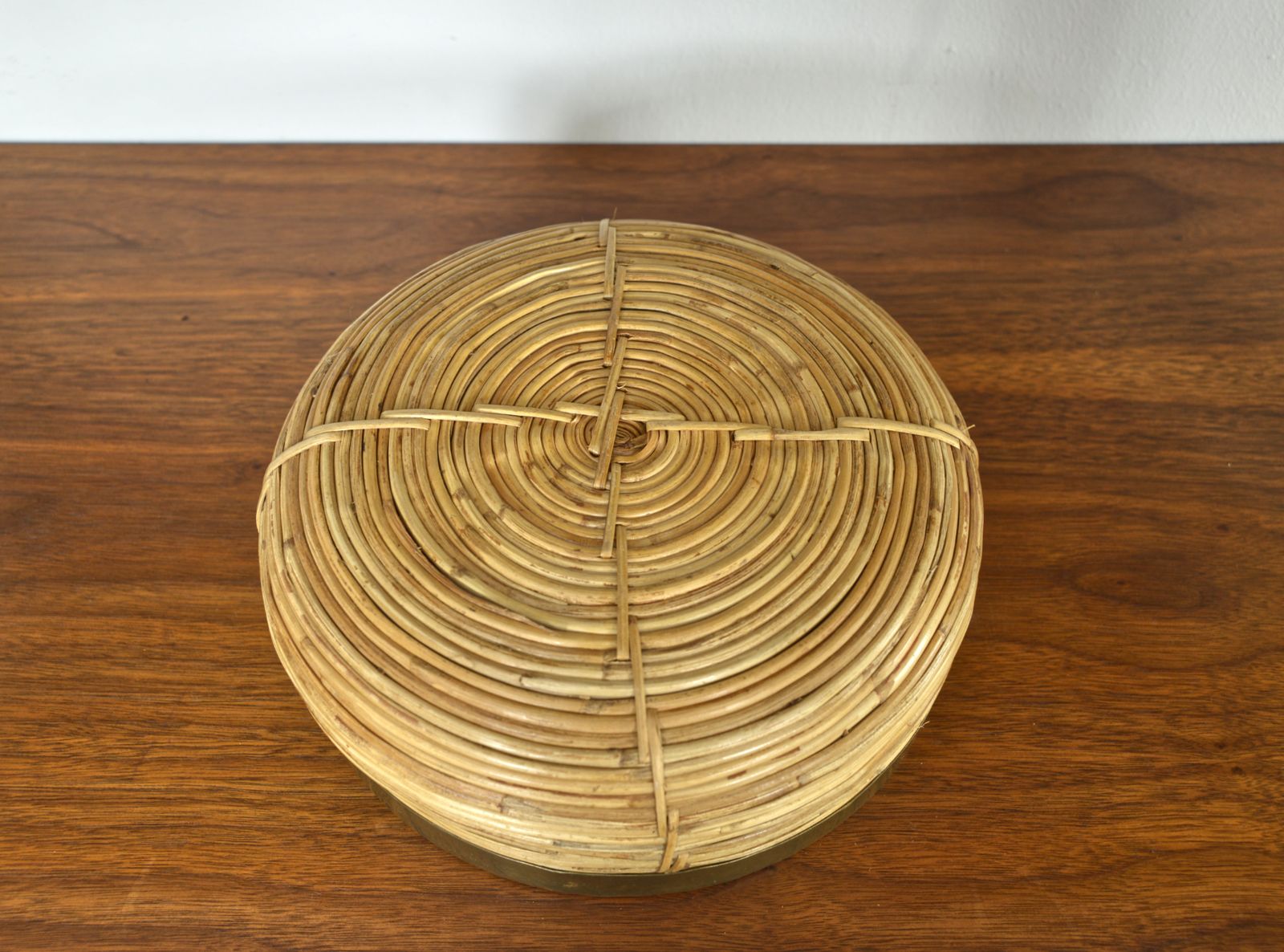 photo for sale Rattan Cane Brass Bowl Centrepiece By Vivai Del Sud Gabriella Crespi Style Italy 1970s