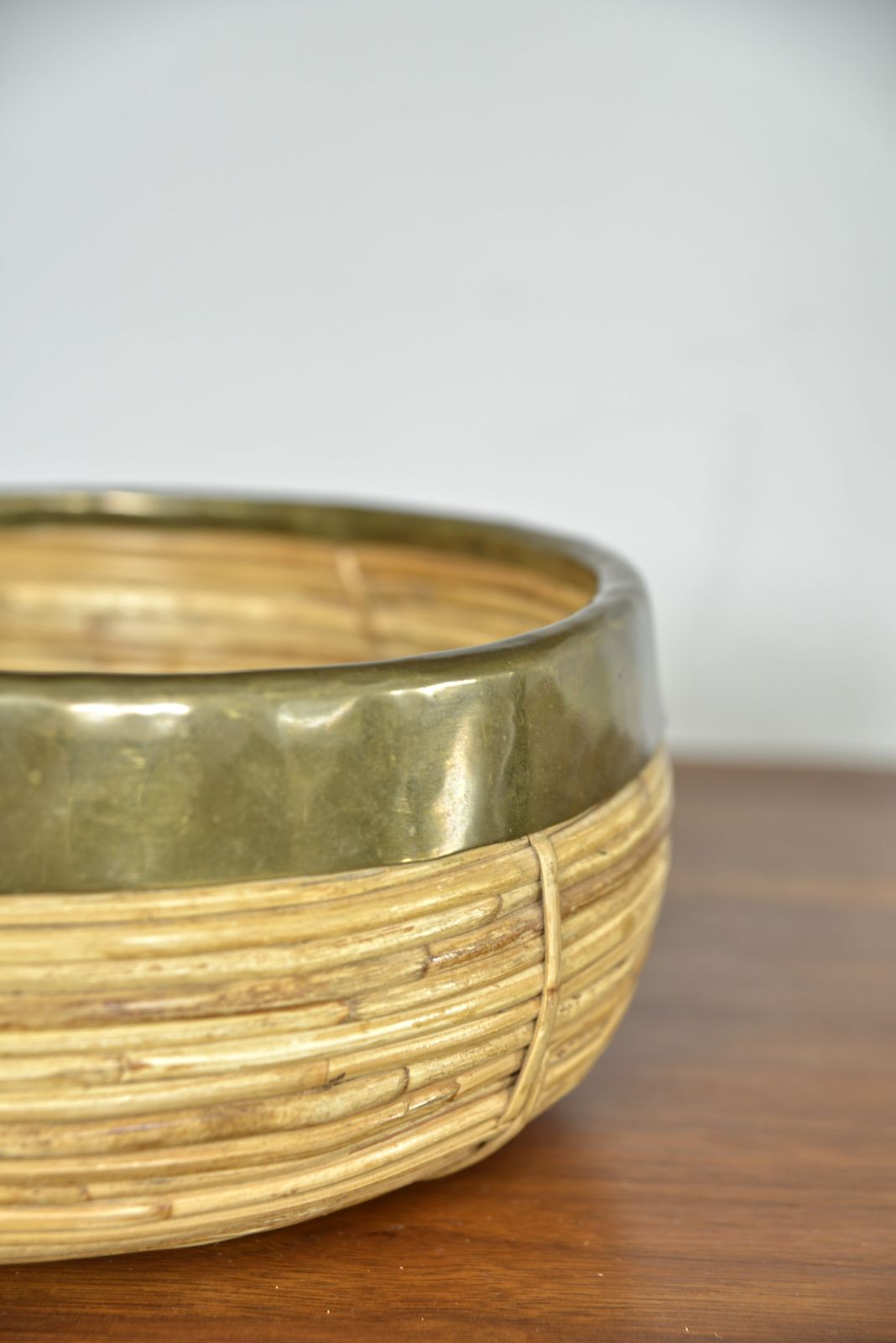 Rattan Cane Brass Bowl Centrepiece By Vivai Del Sud Gabriella Crespi Style Italy 1970s photo for sale