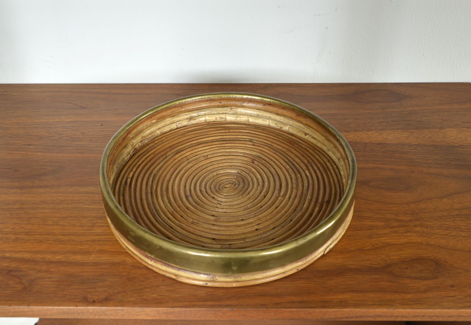 Rattan Cane Brass Basket Centrepiece By Vivai Del Sud Gabriella Crespi Style Italy 1970s