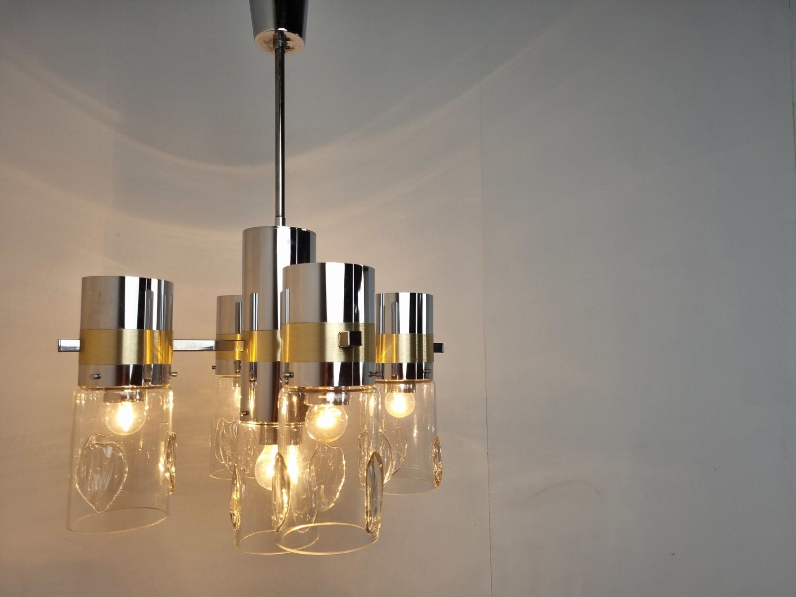 photo for sale Vintage Italian Glass And Chrome Chandelier, 1970s