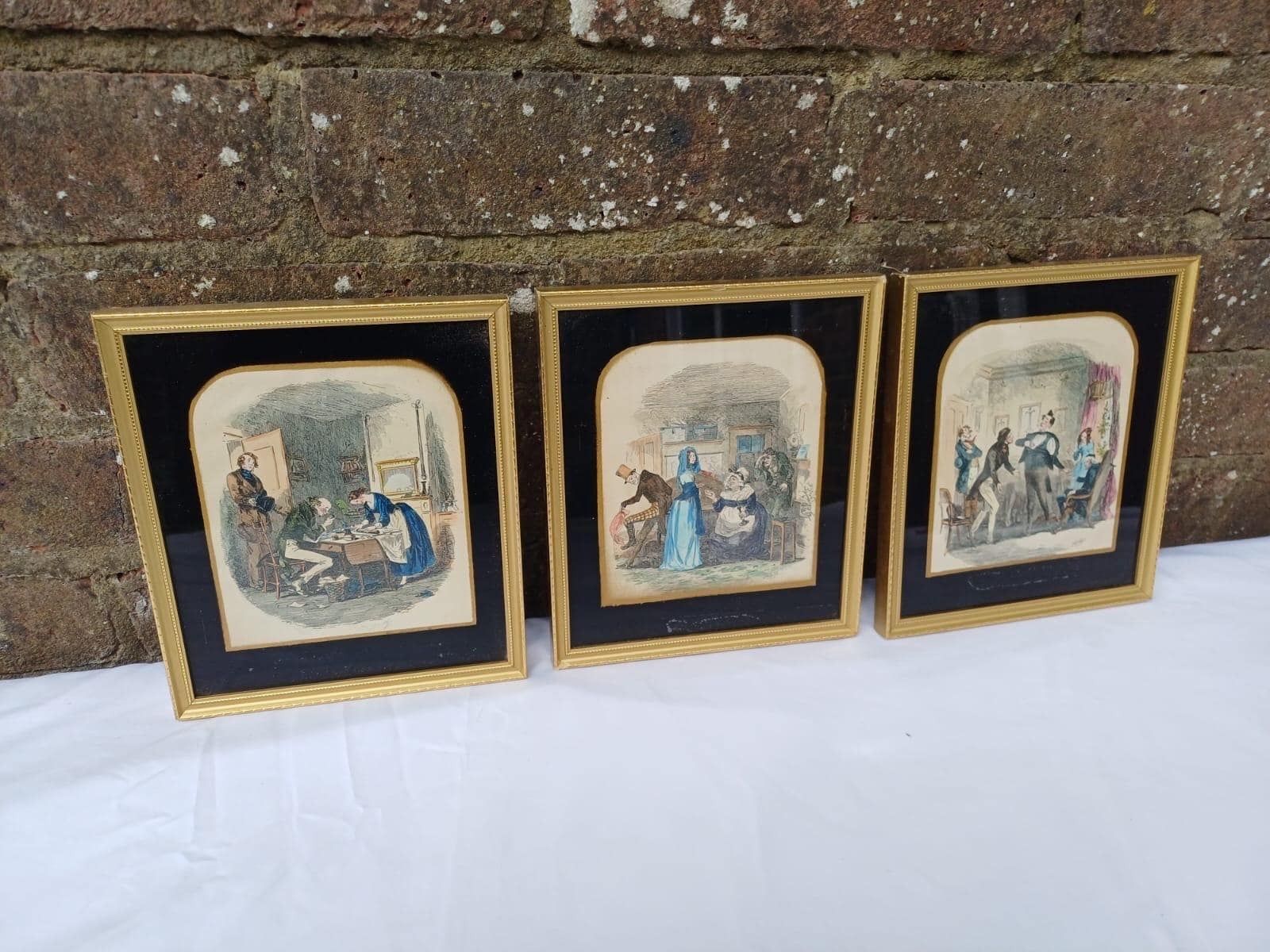 Mid Century Set Of 3 Vintage Humorous Prints – Quirky Hand Coloured Pictures In Gilt Frames, Victorian Style Wall Art