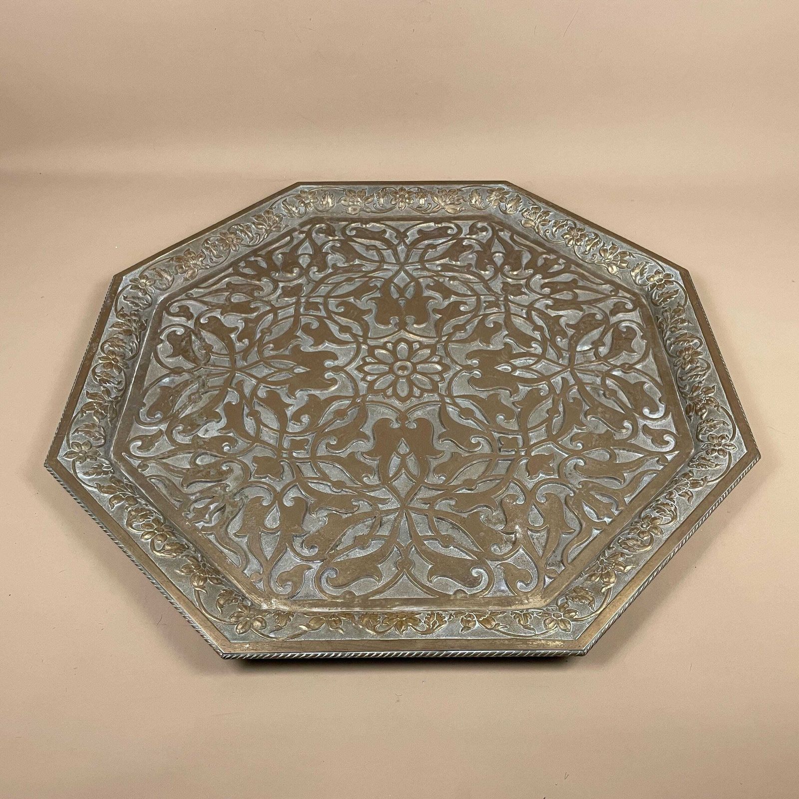 Antique Metal Gold Indian Patterned Brass Tray 62x62cm Plate Handmade Etched Intricate Decorative Pattern Wall Art Octagon Vintage India photo furniture