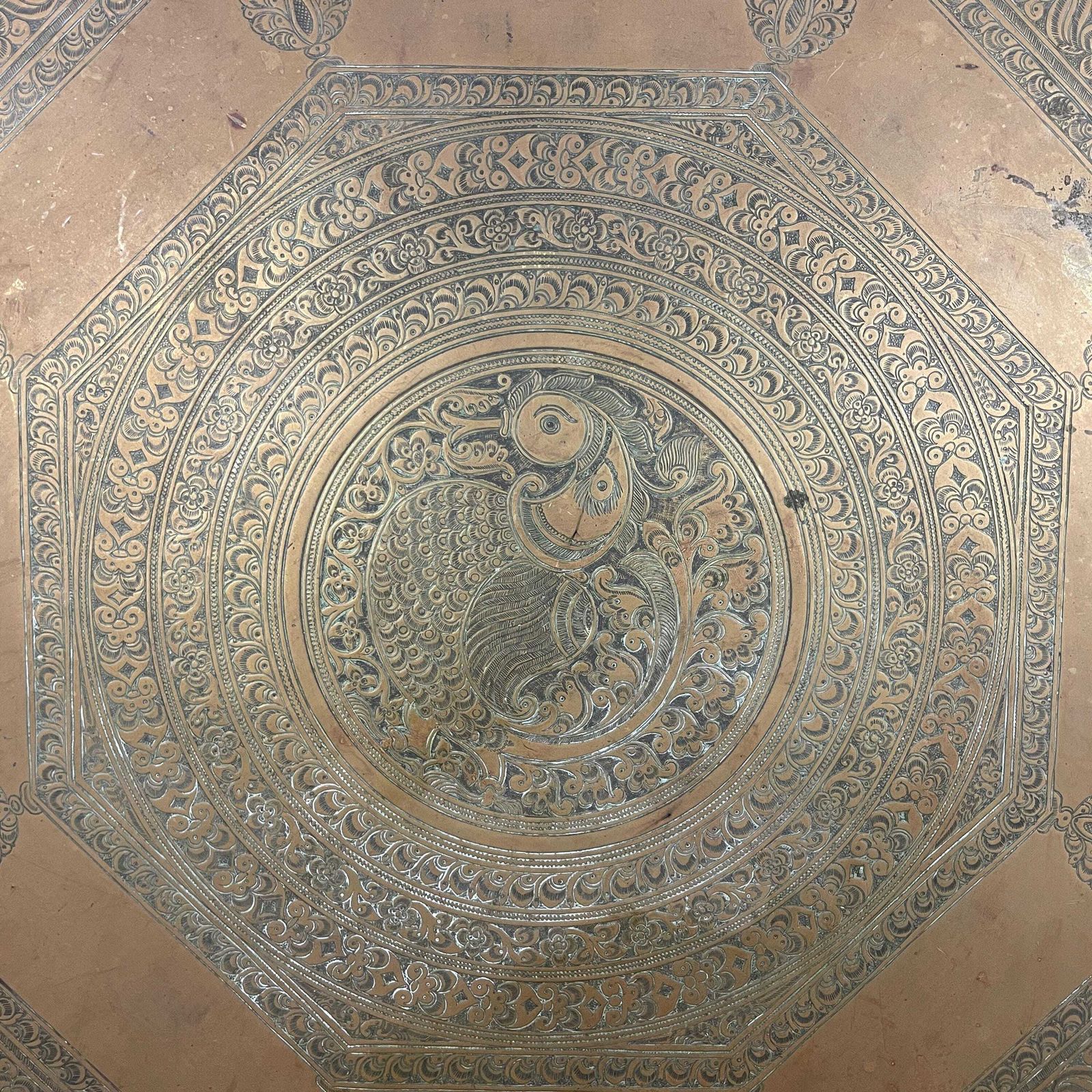 Antique Metal Gold Indian Patterned Brass Tray 60.5x60.5cm Plate Handmade Etched Intricate Decorative Pattern Wall Art Octagon Vintage India photo furniture