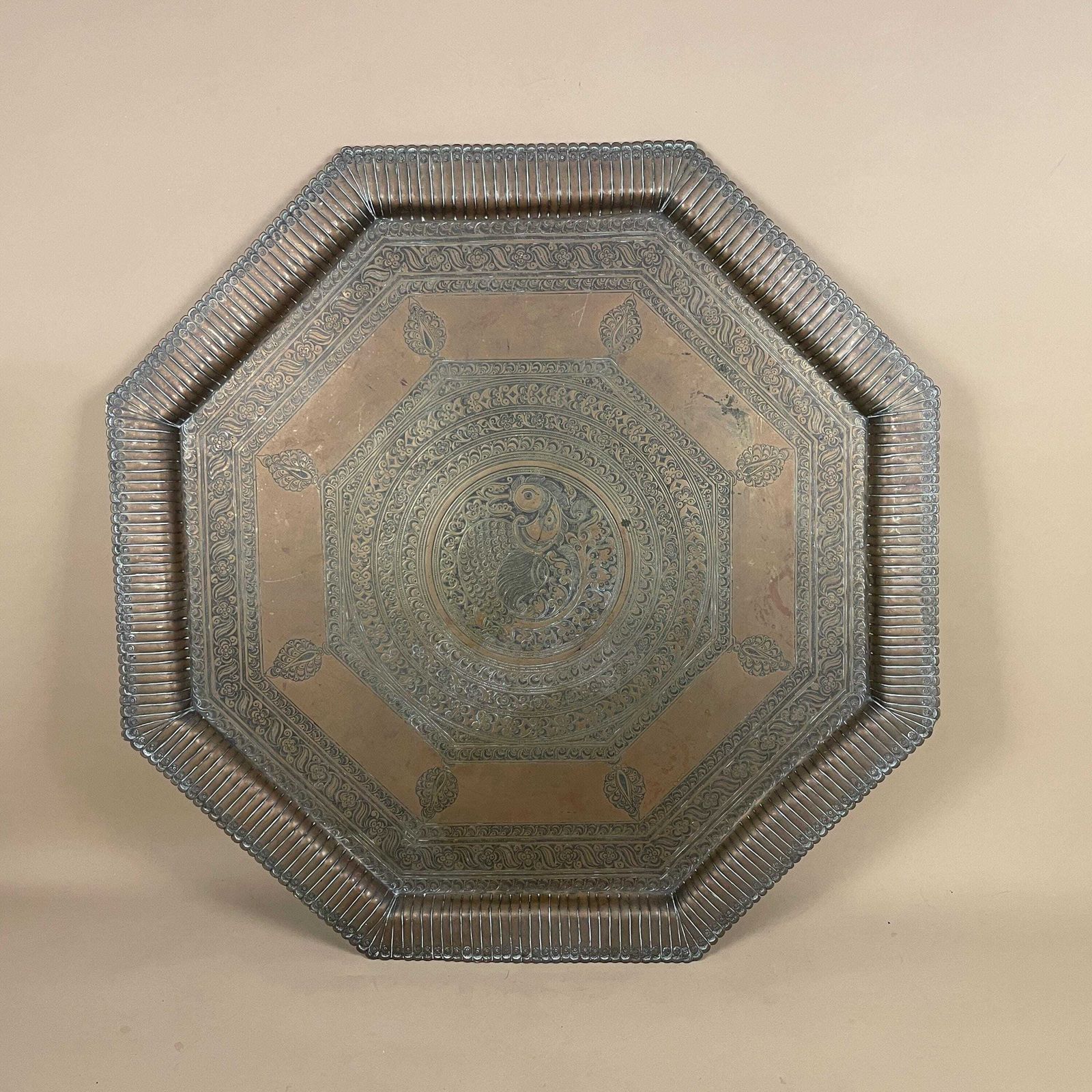 Antique Metal Gold Indian Patterned Brass Tray 60.5x60.5cm Plate Handmade Etched Intricate Decorative Pattern Wall Art Octagon Vintage India photo Art