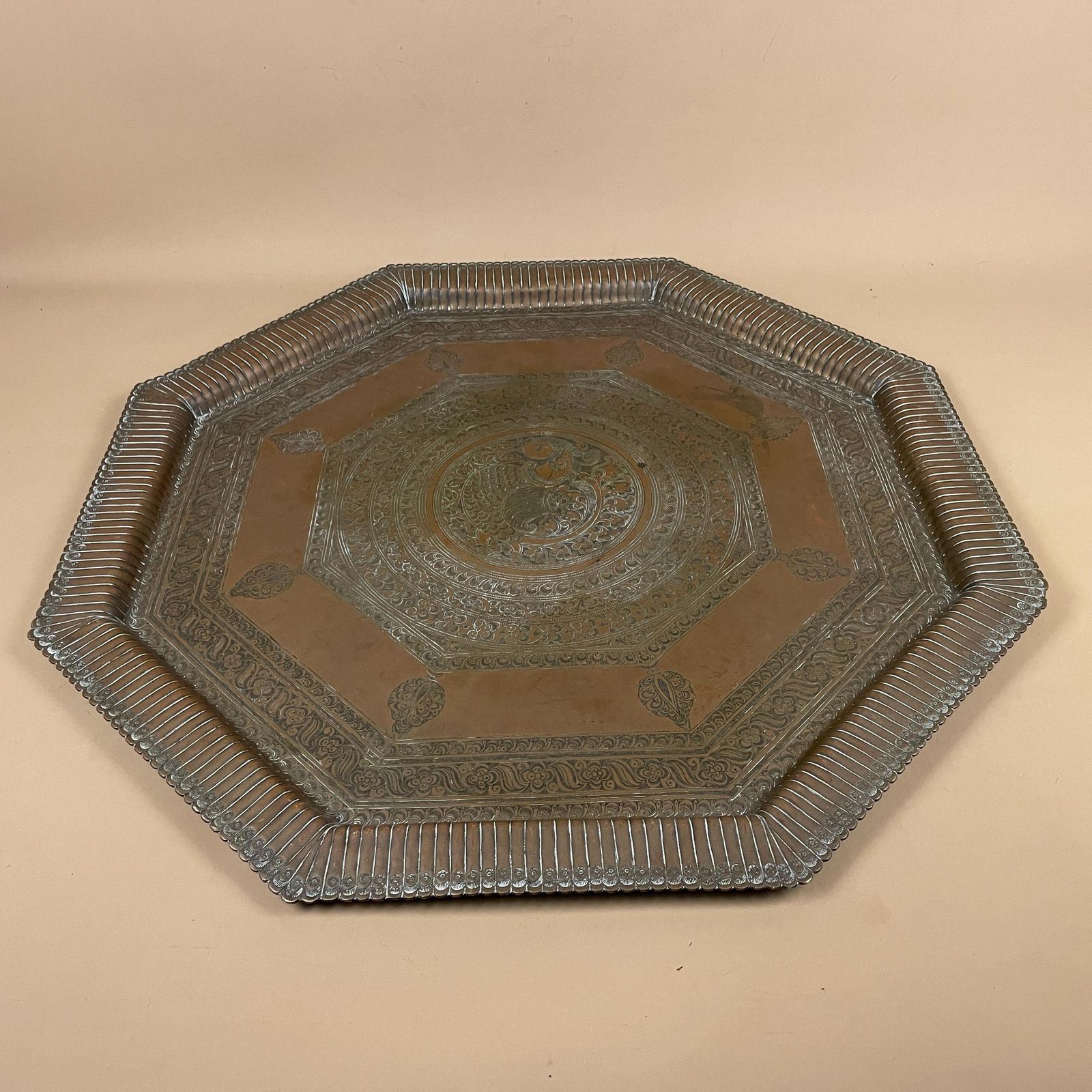 Antique Metal Gold Indian Patterned Brass Tray 60.5x60.5cm Plate Handmade Etched Intricate Decorative Pattern Wall Art Octagon Vintage India photo 205.0