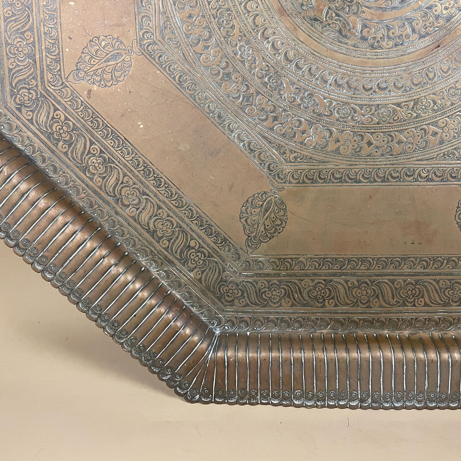 Antique Metal Gold Indian Patterned Brass Tray 60.5x60.5cm Plate Handmade Etched Intricate Decorative Pattern Wall Art Octagon Vintage India photo buy