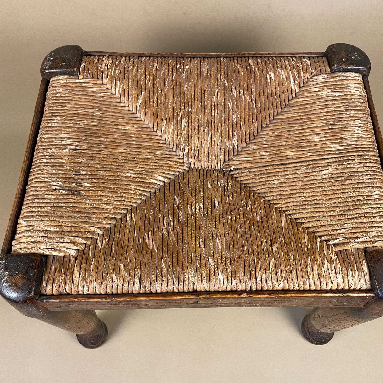 Wooden Foot Stool Woven Straw Wood Cottage Furniture Rectangle Brown Hallway Seat 31.8x36.5x29.5cm Footstool Bench Antique Seat Solid photo vintage