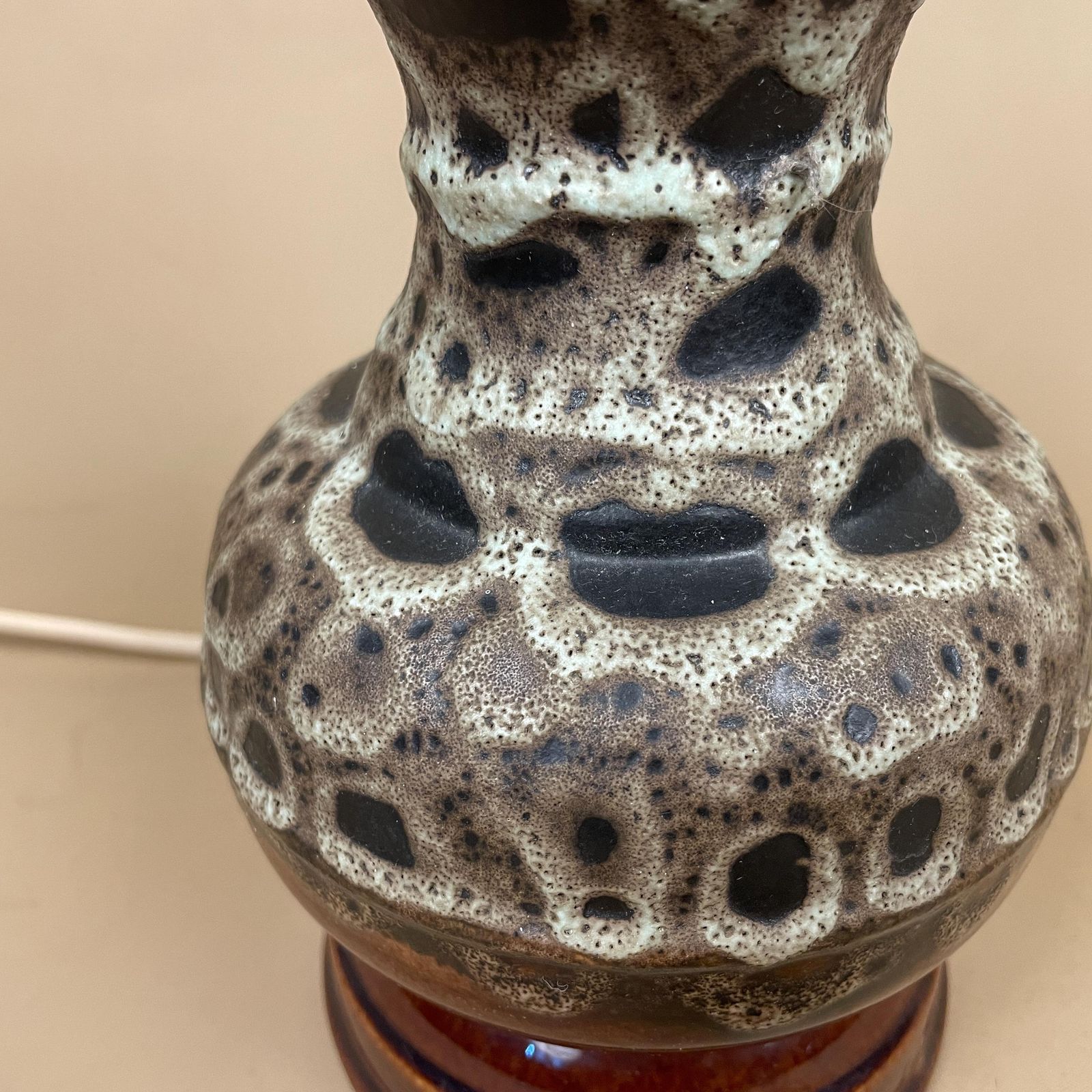 Ceramic Table Lamp Light Brown Mottled Speckled Round Retro Glaze Finish C.1970's Porcelain Bedside Abstract Antique Vintage Marbled photo for sale