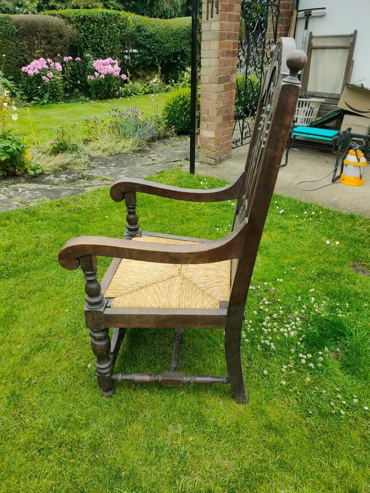 Beautiful Jacobean Revival Hall Chair – Carved Oak With Rush Seat – C.1880–1910 photo for sale