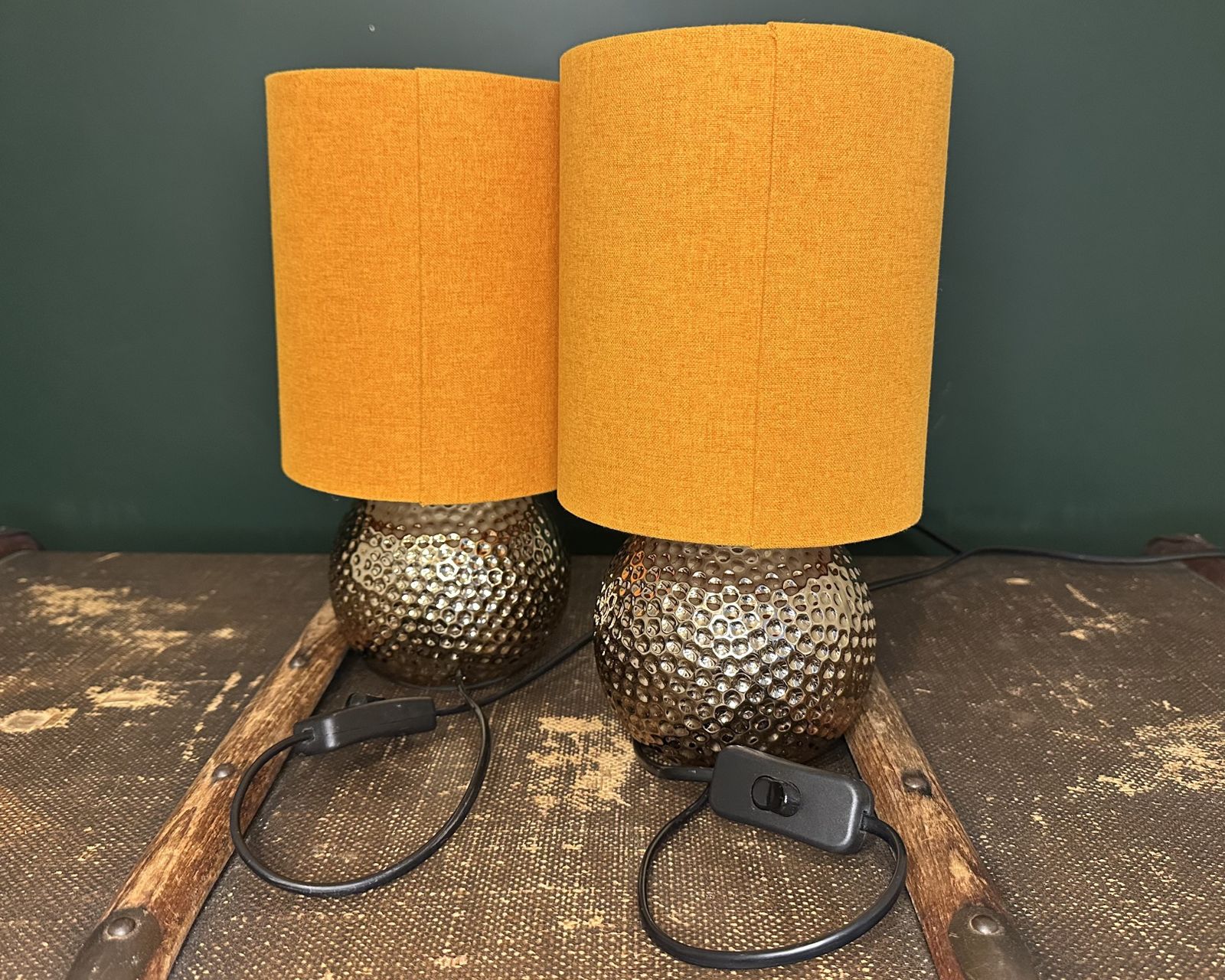 Pair Of Alisa Gold Dimpled Lamps Vibrant Orange Drum Shades
