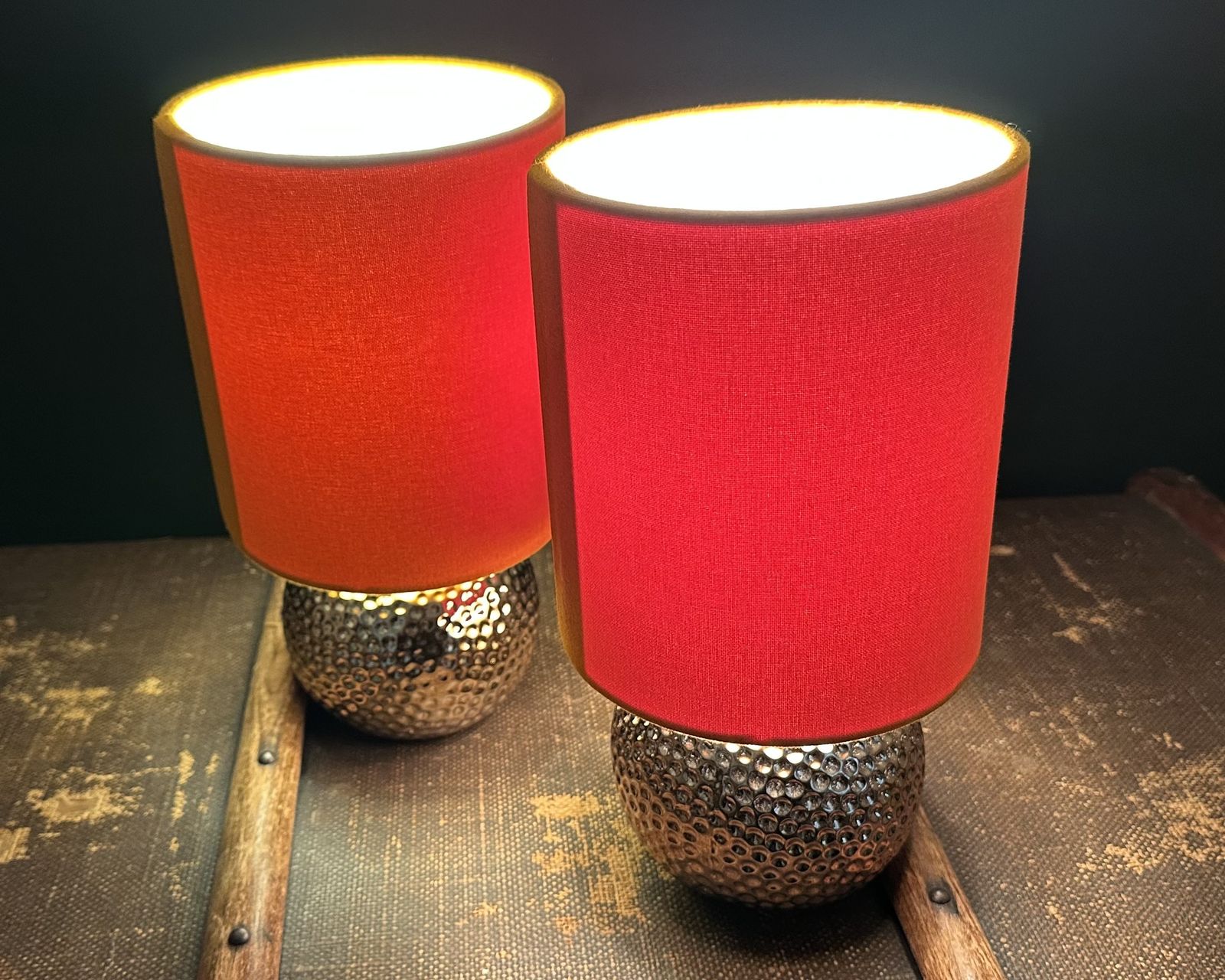 Pair Of Alisa Gold Dimpled Lamps Vibrant Orange Drum Shades photo vinterior