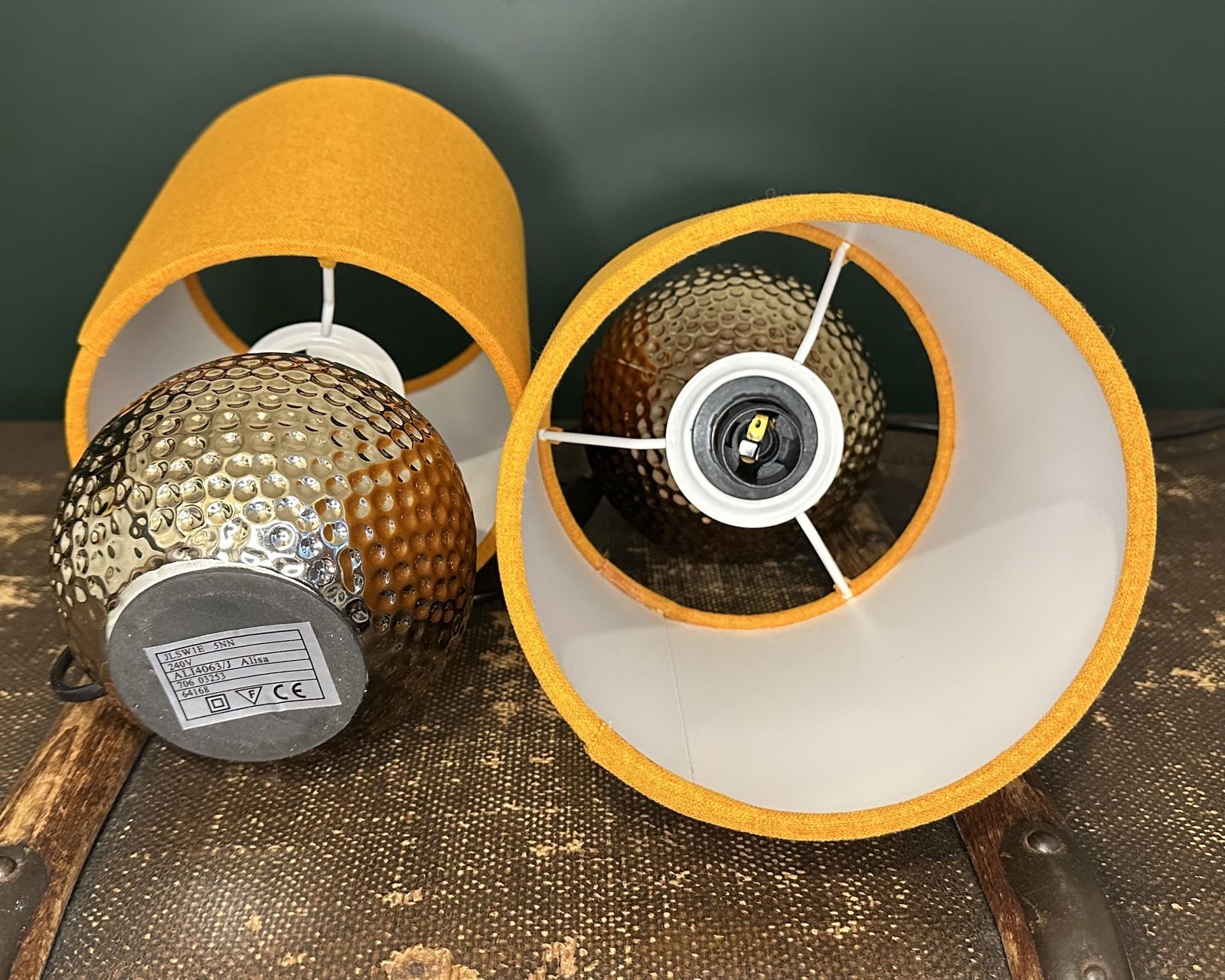 Pair Of Alisa Gold Dimpled Lamps Vibrant Orange Drum Shades photo buy