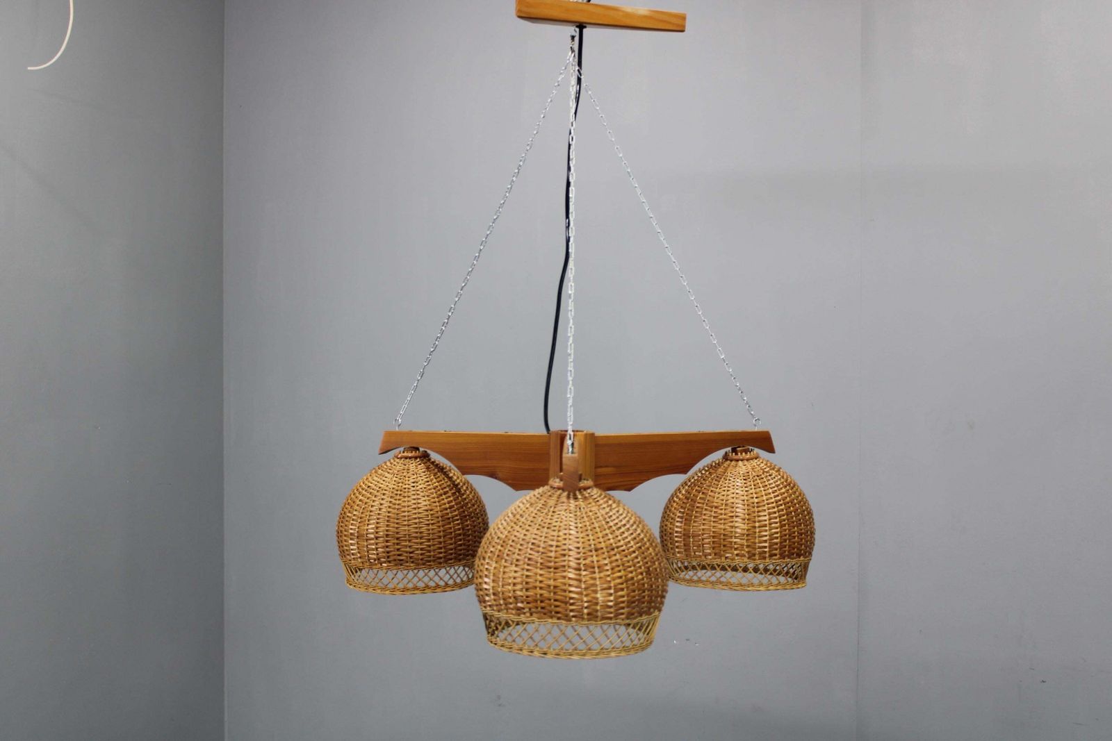 1970s Czechoslovakian Rattan & Pine Pendant Light, Three Shade Chandelier photo furniture