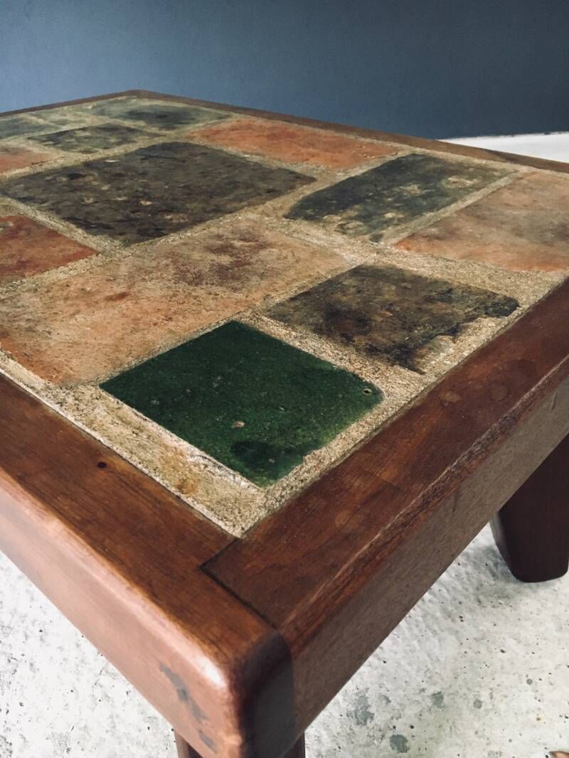 Furniture Brutalist Rustic Design Slate Tile & Oak Coffee Table, Belgium 1960's photo