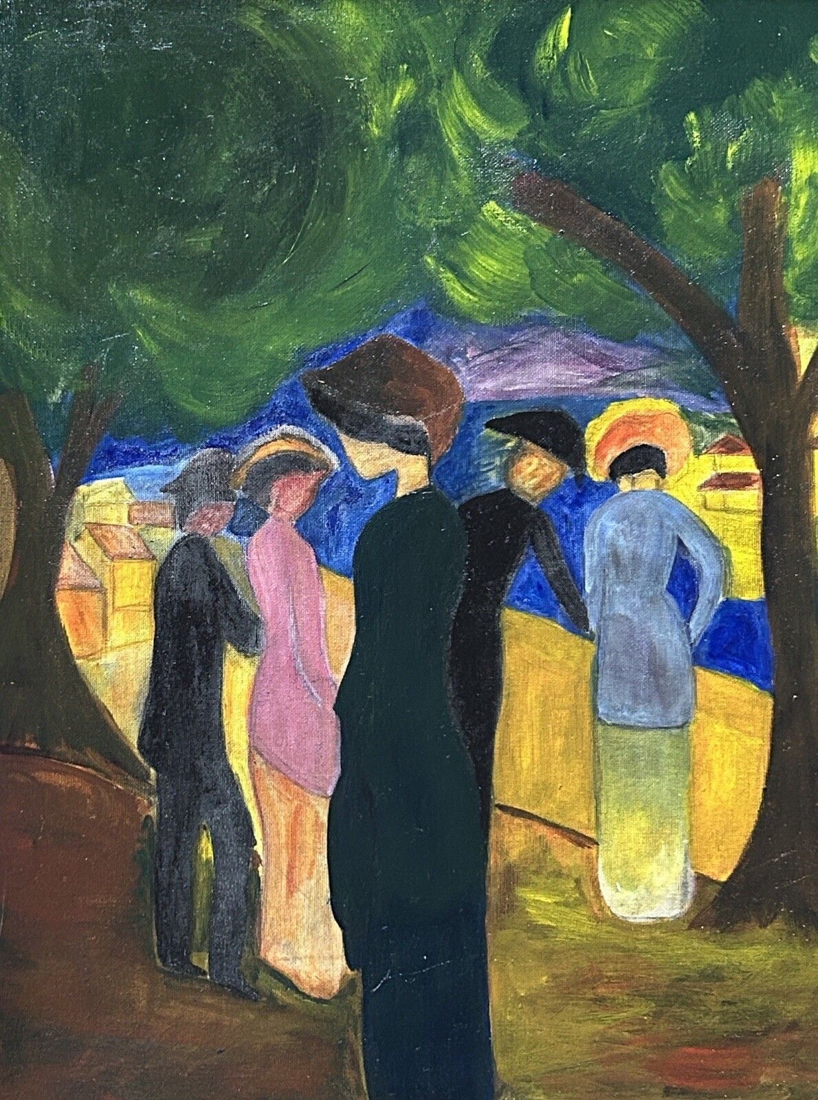 Expressionist Oil On Cardboard – Landscape With Figures, Framed photo vintage