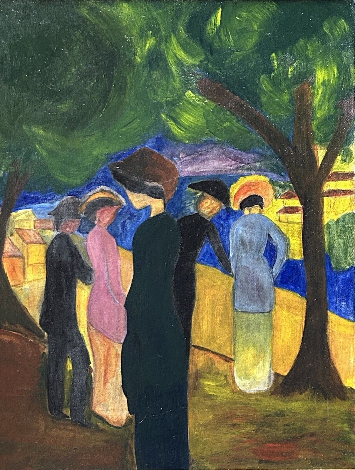 2000.0 Expressionist Oil On Cardboard – Landscape With Figures, Framed photo