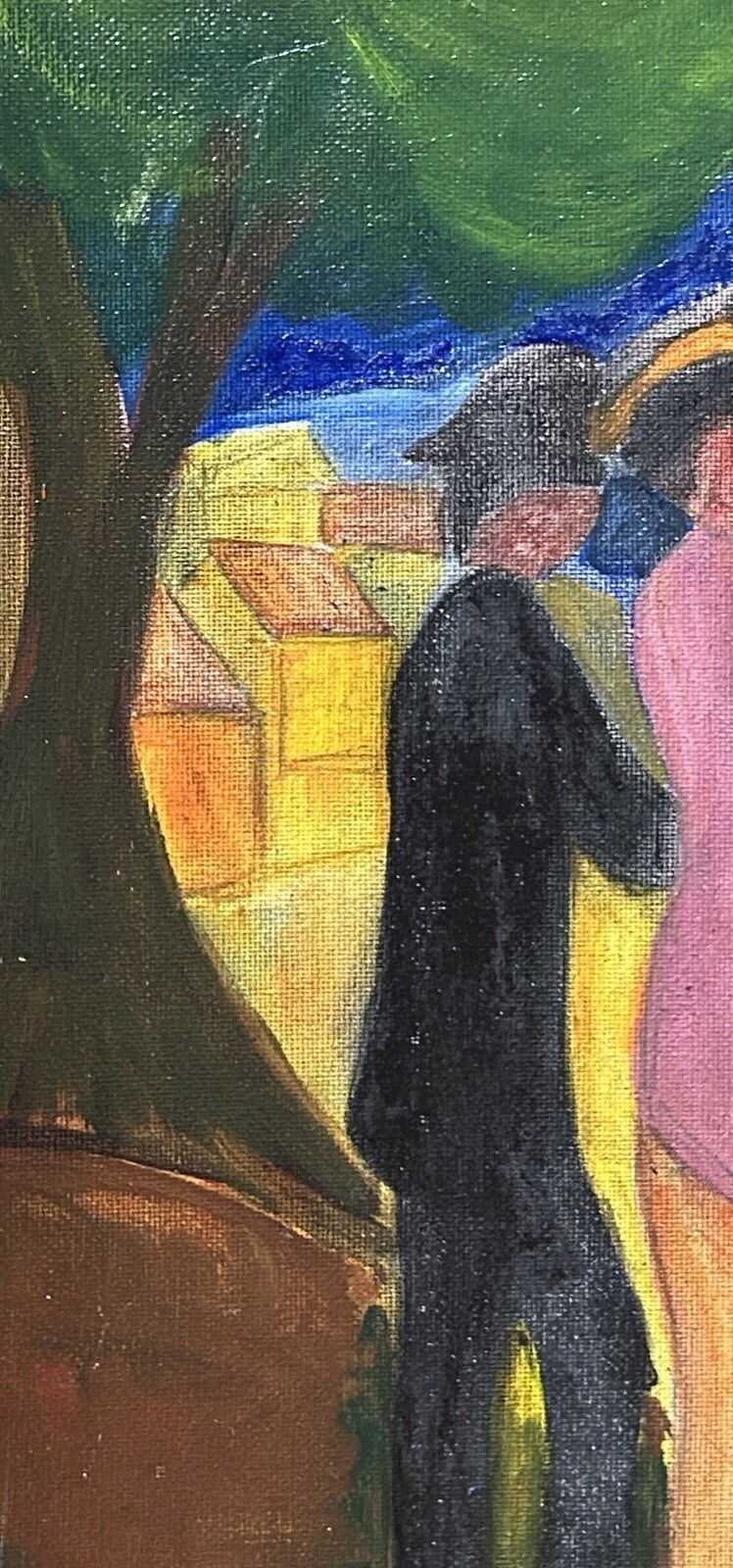 photo vinterior Expressionist Oil On Cardboard – Landscape With Figures, Framed