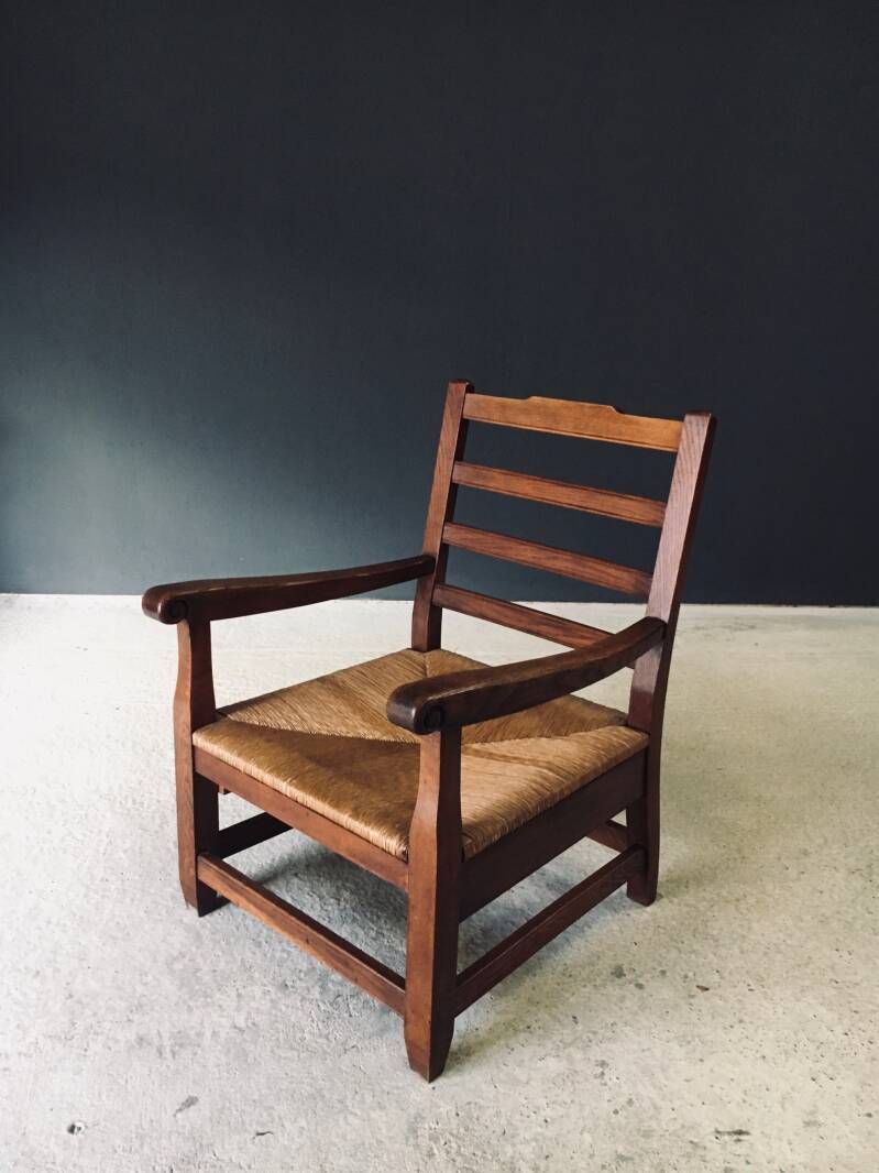 Rustic Solid Design Xl Oak & Rush Arm Lounge Chair, France 1930's photo for sale