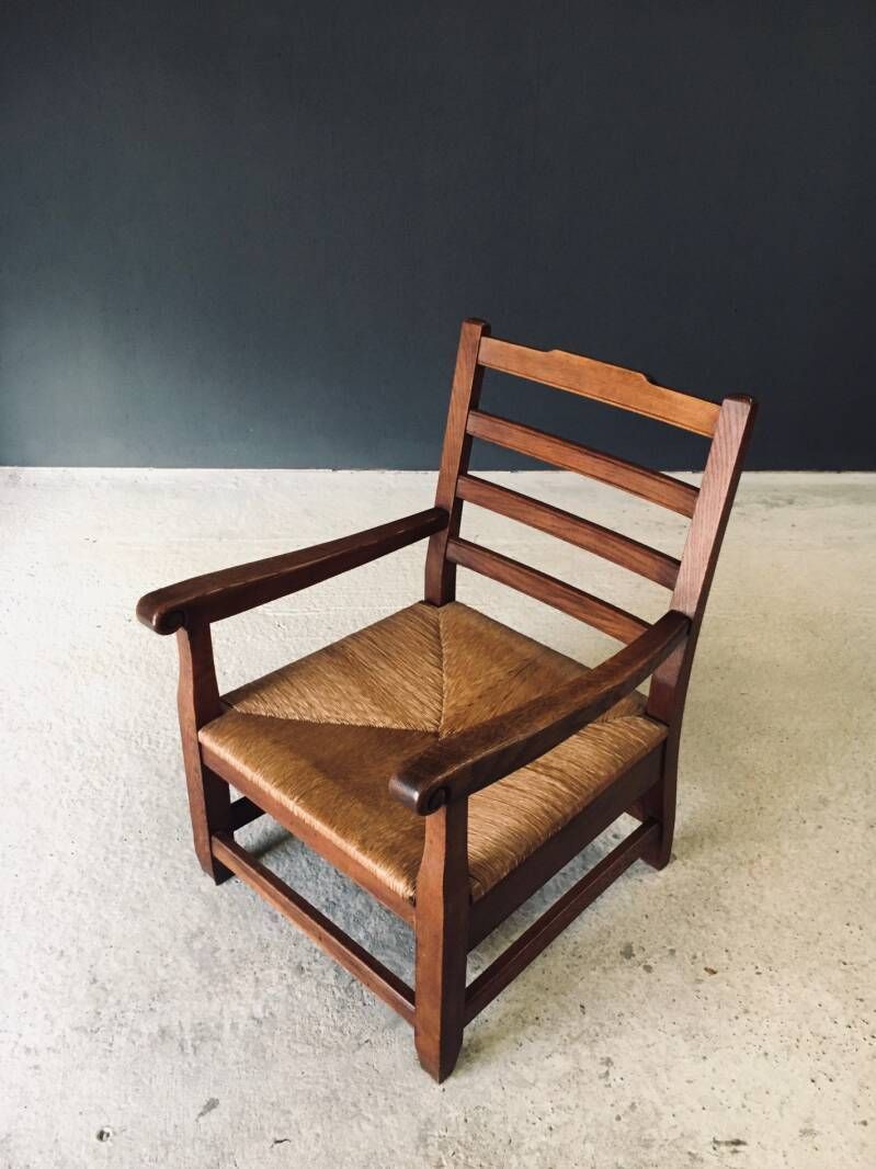 Rustic Solid Design Xl Oak & Rush Arm Lounge Chair, France 1930's photo vinterior