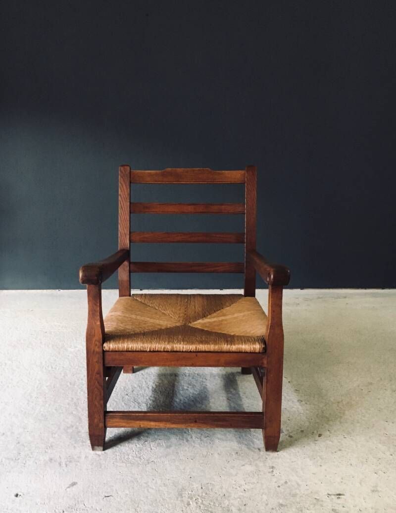 Rustic Solid Design Xl Oak & Rush Arm Lounge Chair, France 1930's photo buy
