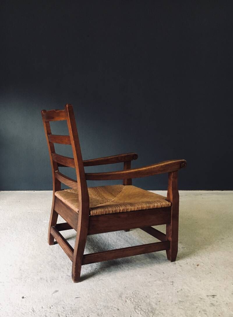 photo for sale Rustic Solid Design Xl Oak & Rush Arm Lounge Chair, France 1930's