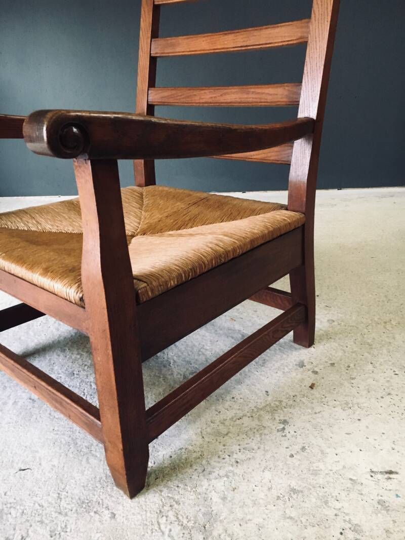 photo vinterior Rustic Solid Design Xl Oak & Rush Arm Lounge Chair, France 1930's