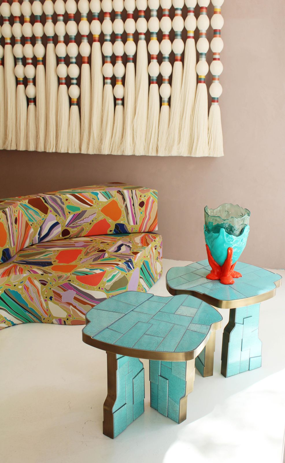 Pair Of Contemporary Italian Blue Turquois Side Tables Made Of Ceramic And Brass photo vinterior