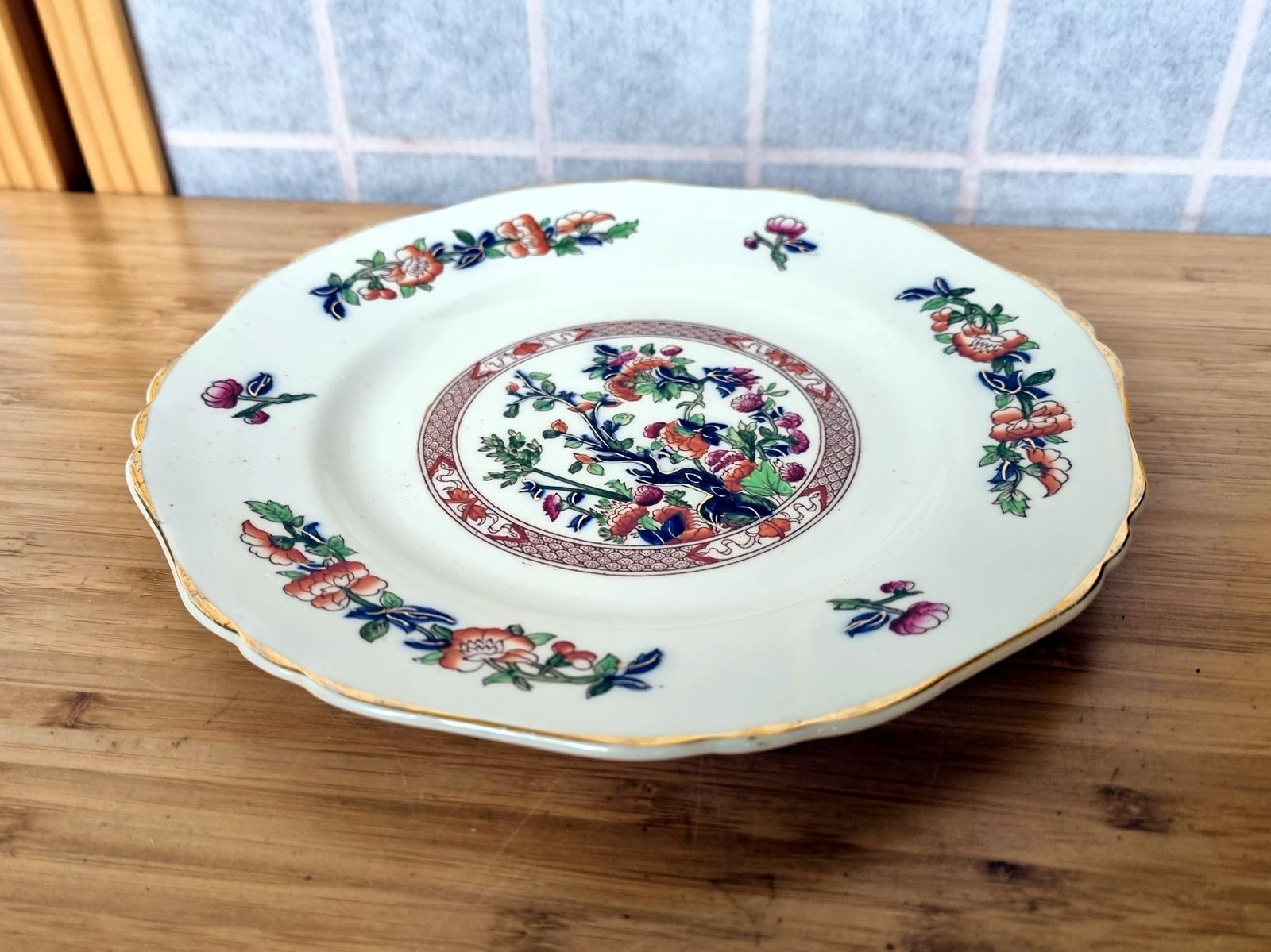 Rare Indian Tree Plate, Hancock & Sons England, Victorian 1800s, Opaque China, Scalloped Edge, Gilt Trim photo 75.0