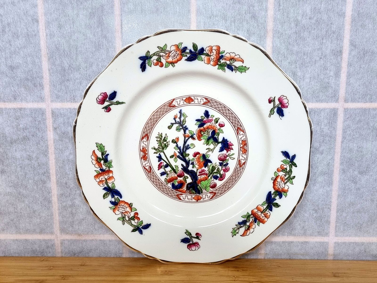 Rare Indian Tree Plate, Hancock & Sons England, Victorian 1800s, Opaque China, Scalloped Edge, Gilt Trim photo vinterior