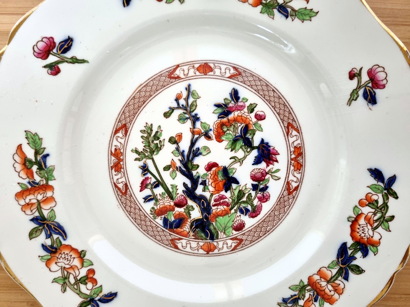 Rare Indian Tree Plate, Hancock & Sons England, Victorian 1800s, Opaque China, Scalloped Edge, Gilt Trim photo vintage