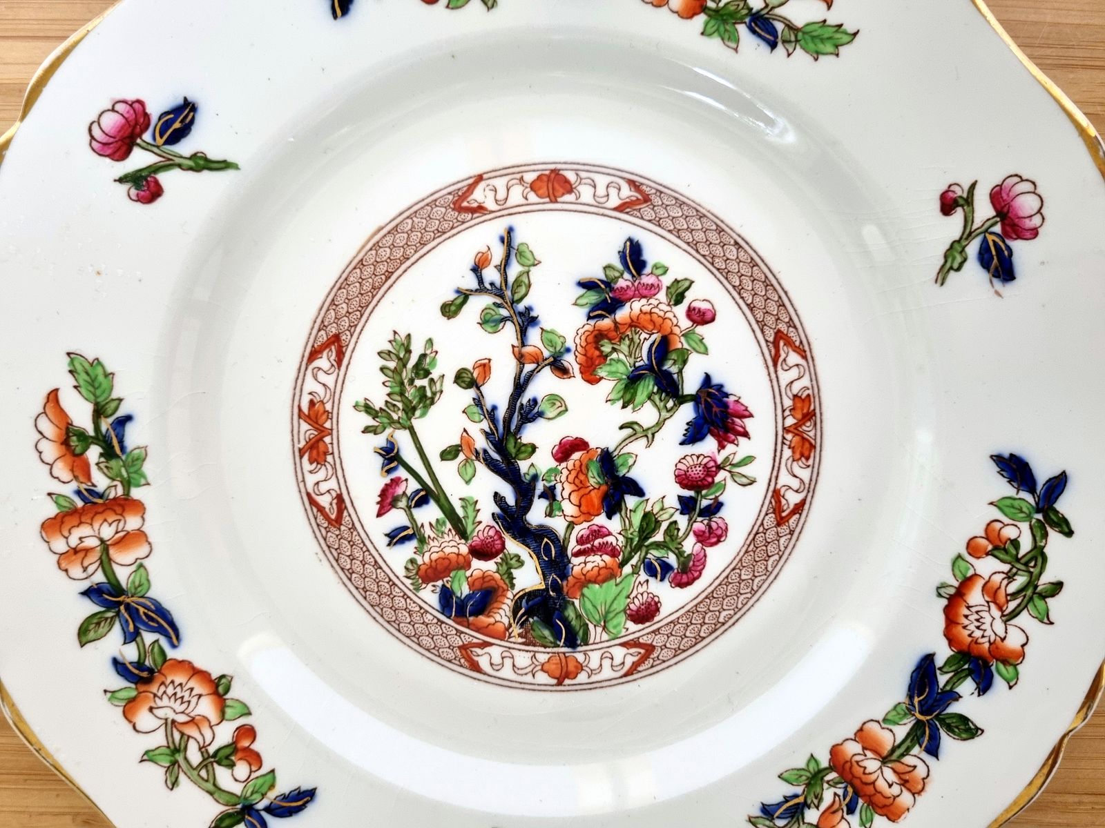 photo furniture Rare Indian Tree Plate, Hancock & Sons England, Victorian 1800s, Opaque China, Scalloped Edge, Gilt Trim