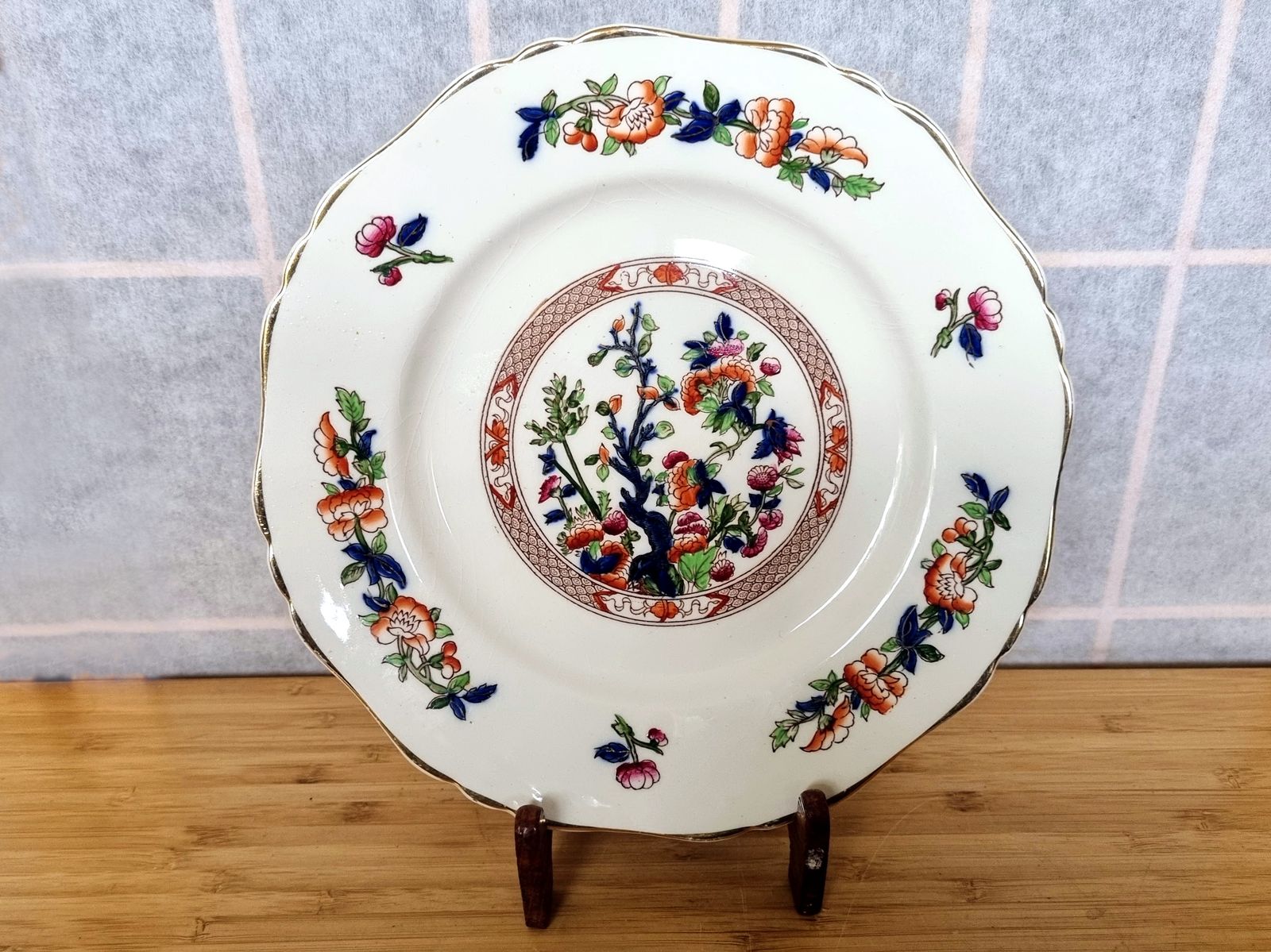 photo vintage Rare Indian Tree Plate, Hancock & Sons England, Victorian 1800s, Opaque China, Scalloped Edge, Gilt Trim