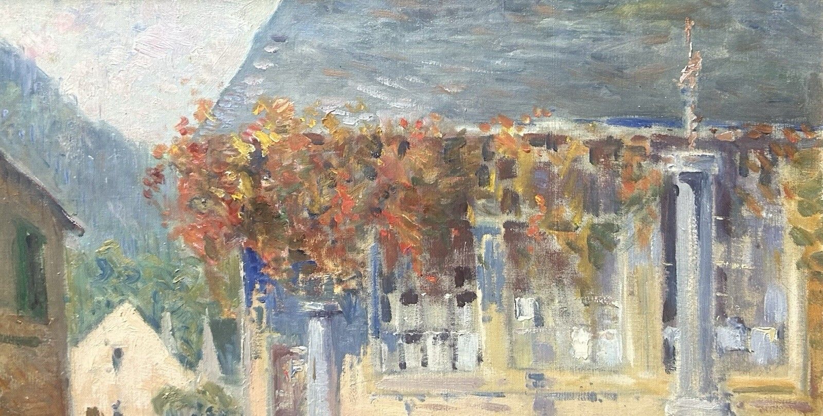 Framed Antique Impressionist Oil Painting – Town Scene, Architecture, Cityscape photo Art