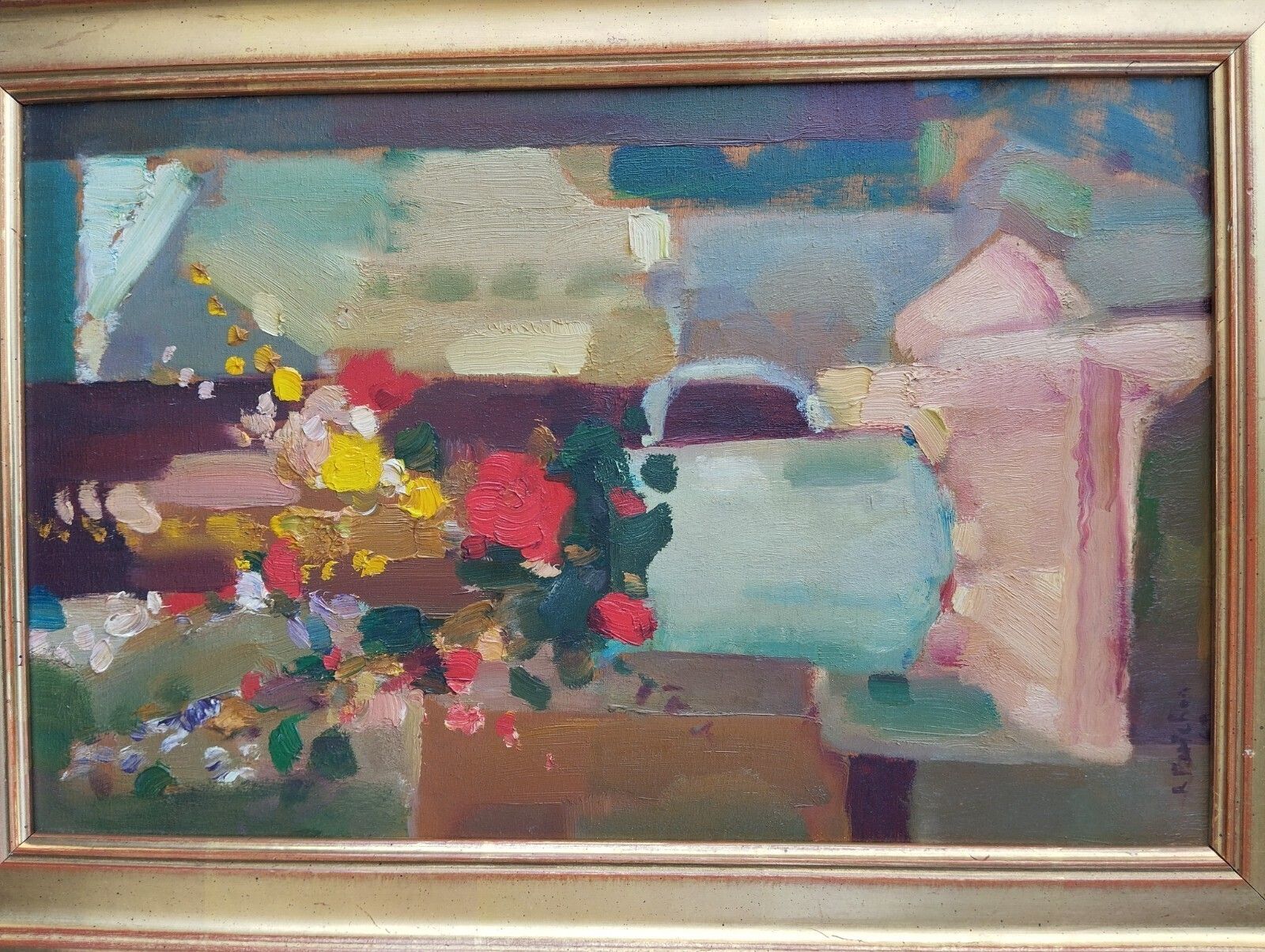 photo furniture Fine Cubist Oil On Panel – Signed Floral Artwork