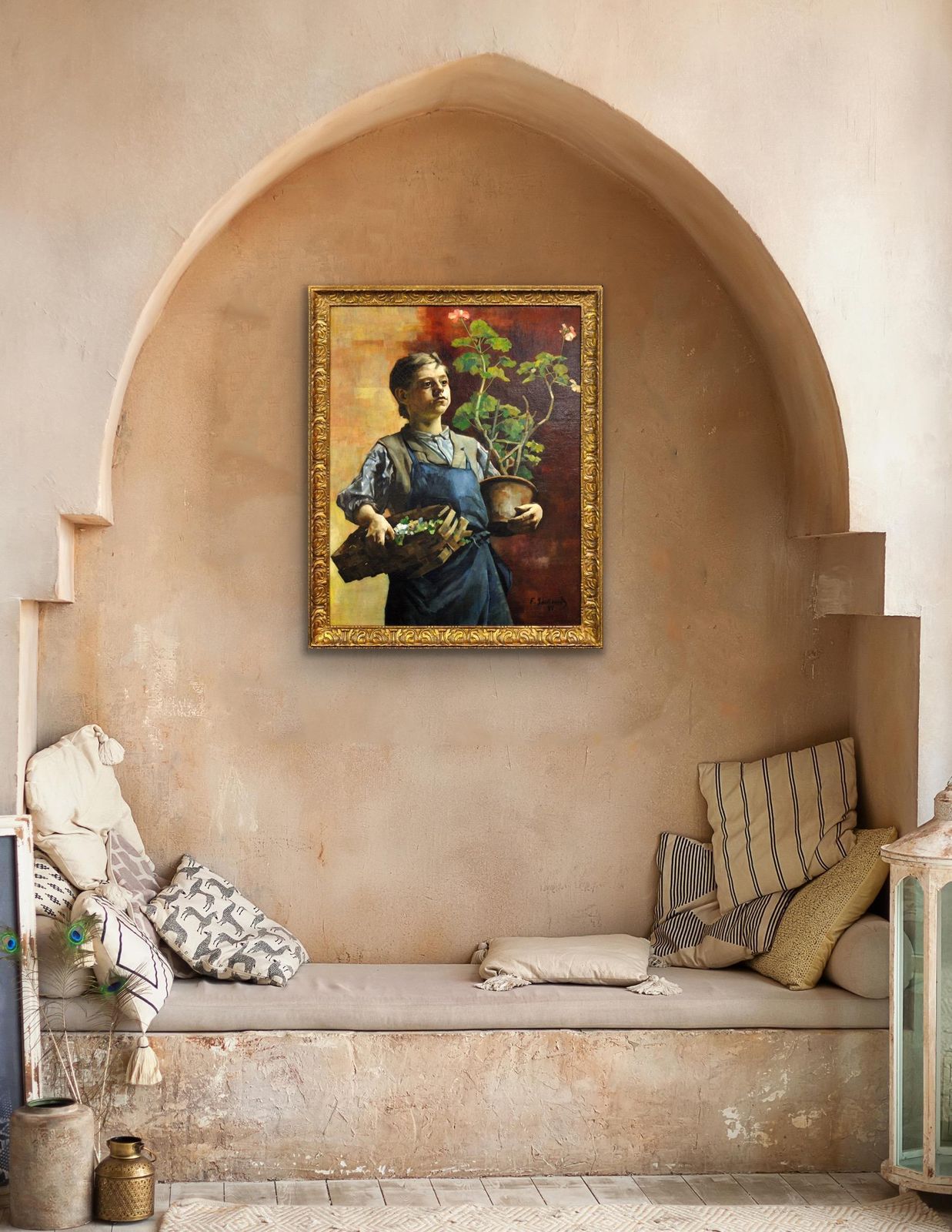 François Gailliard 1861 To 1932. Le Petit Jardinier. A Belgian Master Of Light And Form. Framed 1887 Luminist Oil Painting. photo vintage