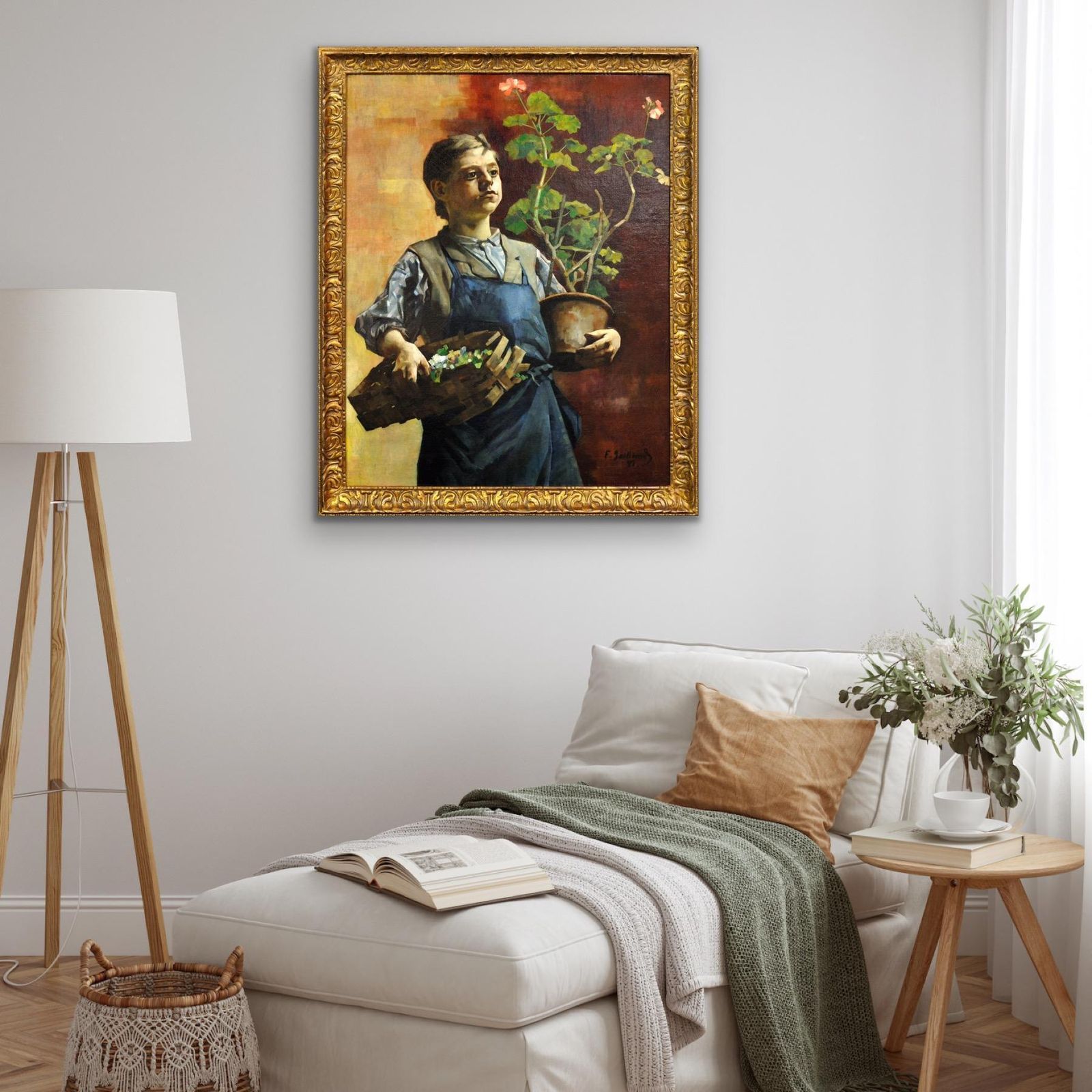 photo furniture François Gailliard 1861 To 1932. Le Petit Jardinier. A Belgian Master Of Light And Form. Framed 1887 Luminist Oil Painting.