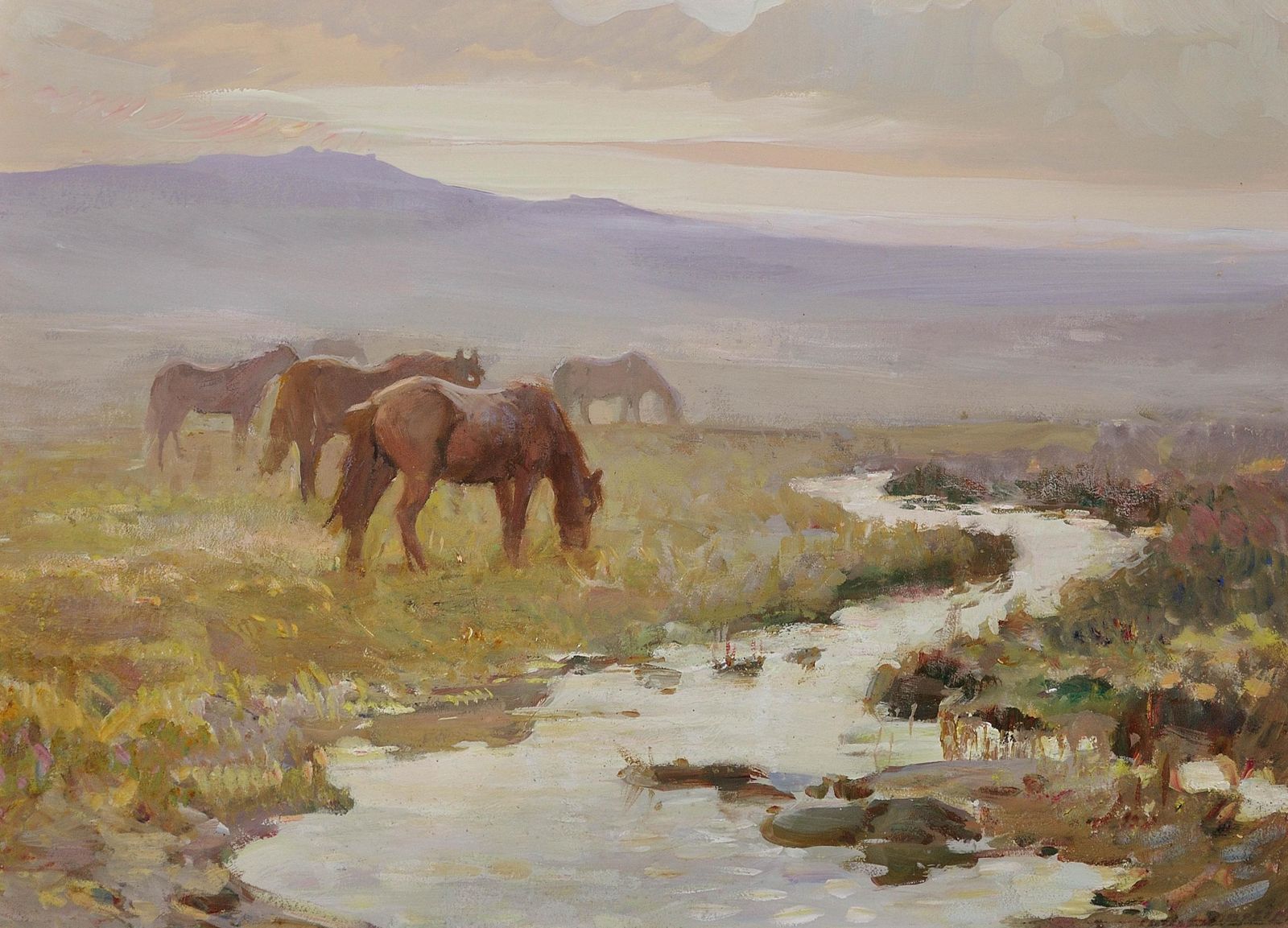 Charles Walter Simpson 1885 To 1971. English. Dartmoor Ponies. Devon National Park Landscape. Framed 1930s West Country Oil Painting Of Wild Horses. photo furniture