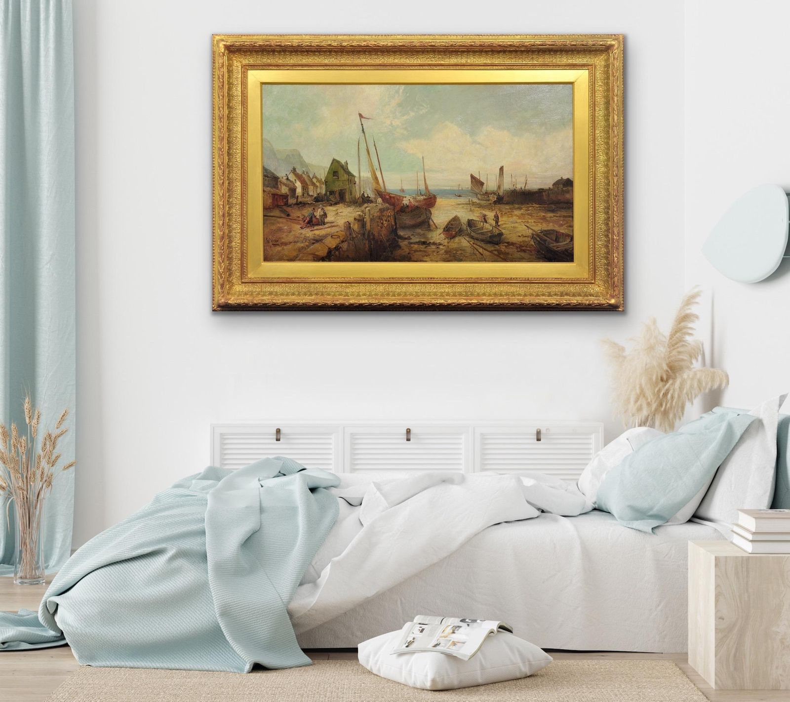 photo furniture William Edward Webb  1862 To 1903. English. Peel Harbour, Isle Of Man. 1890s Framed Victorian Manx Seascape & Landscape Oil Painting.