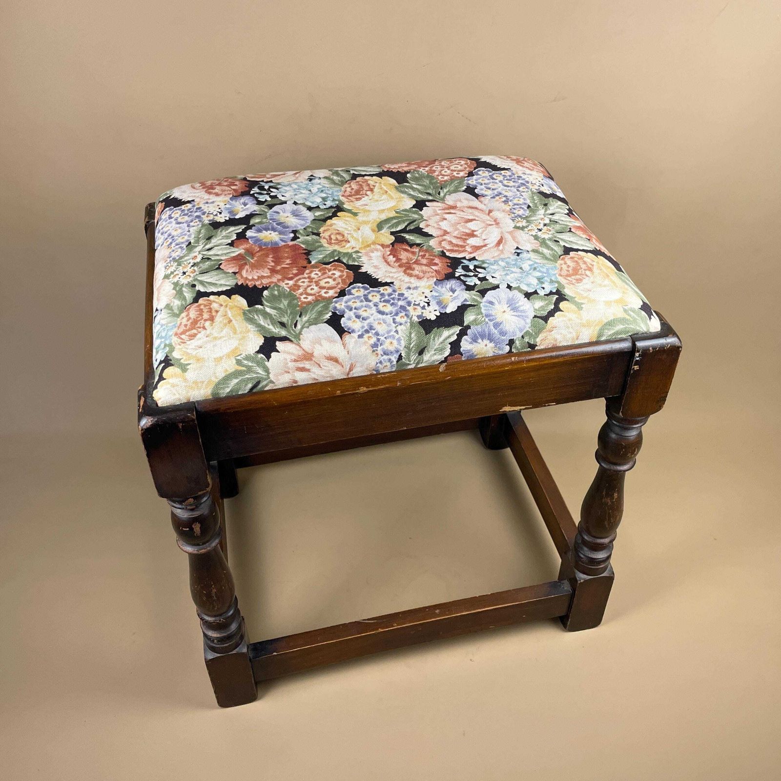 Vintage Tapestry Footstool Floral Printed Pattern Upholstery Wooden Frame Cottage Style Country Home Decorative Farmhouse Accent Furniture photo for sale