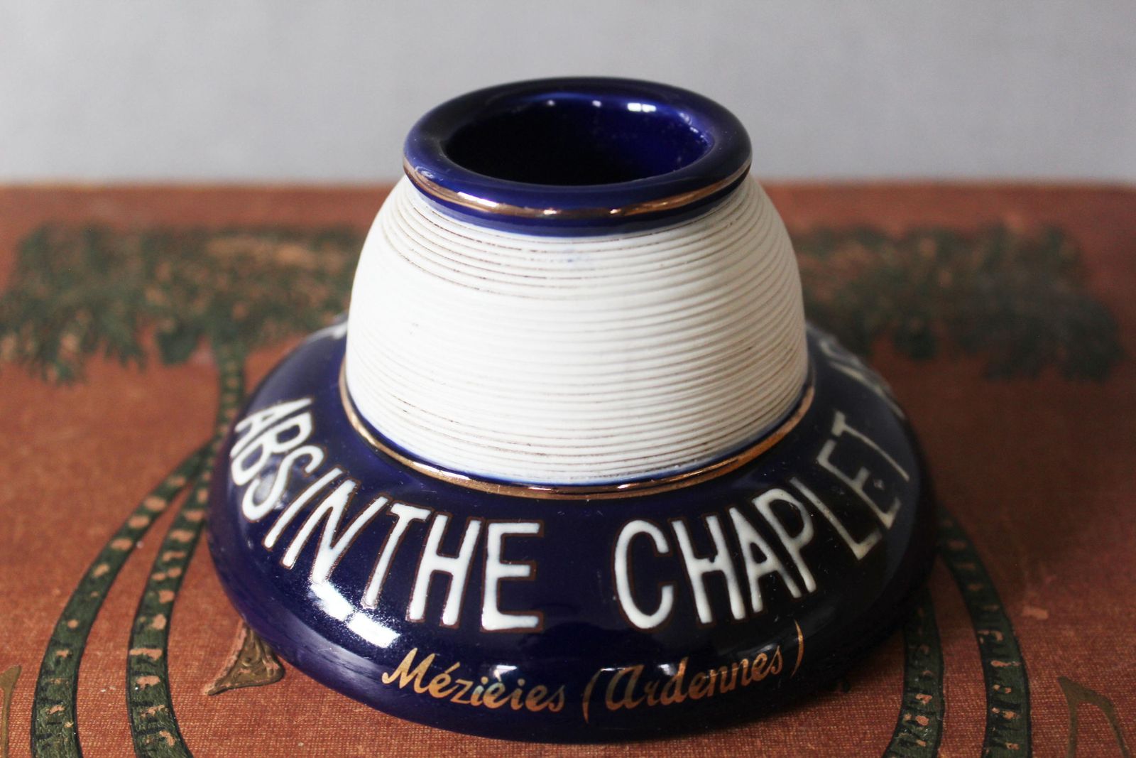 Vintage Ribbed Porcelaine French Pyrogene, Match Striker, Match Holder, Collector Advertising, Blue And White, Gold Rims, Absinthe Chaplet photo furniture