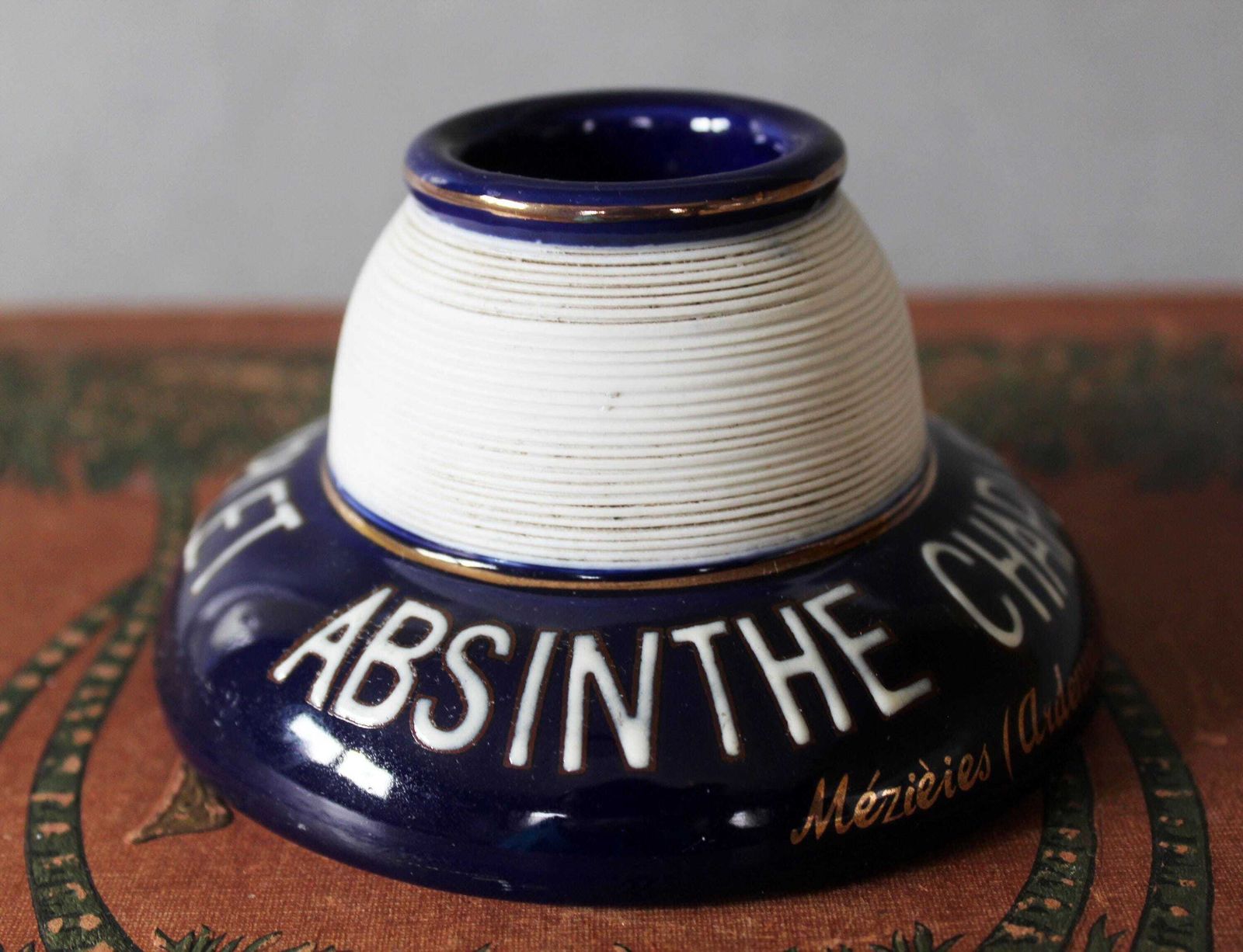 Vintage Ribbed Porcelaine French Pyrogene, Match Striker, Match Holder, Collector Advertising, Blue And White, Gold Rims, Absinthe Chaplet photo for sale