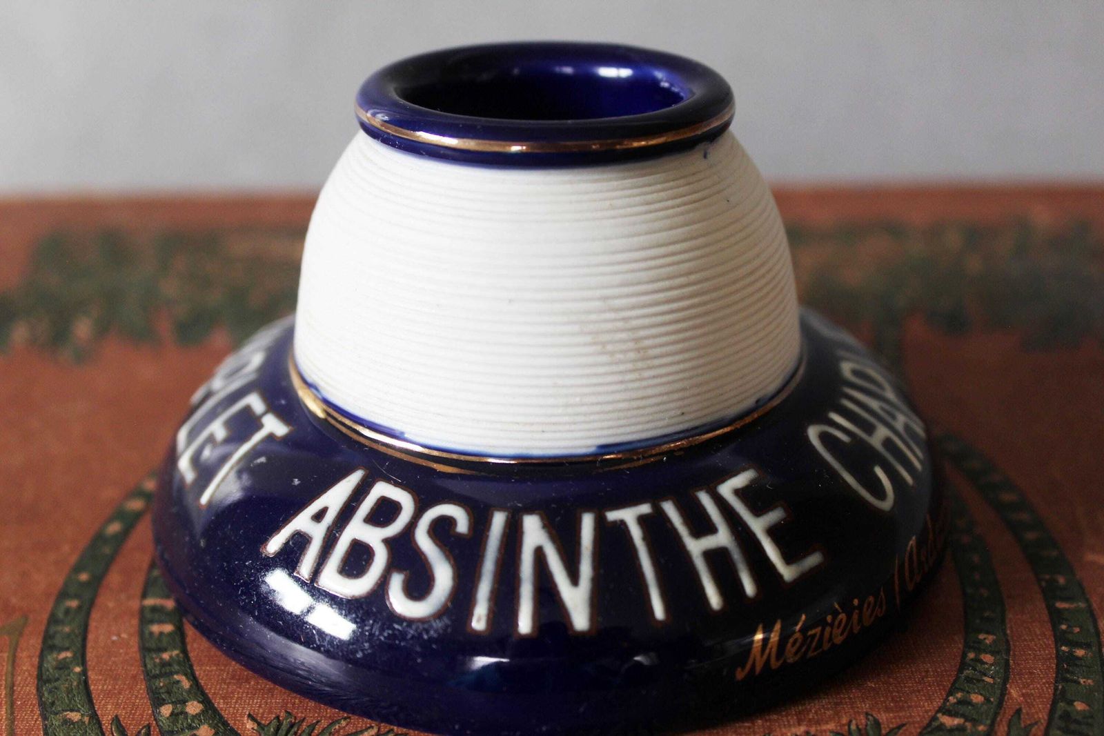 Vintage Ribbed Porcelaine French Pyrogene, Match Striker, Match Holder, Collector Advertising, Blue And White, Gold Rims, Absinthe Chaplet photo vintage