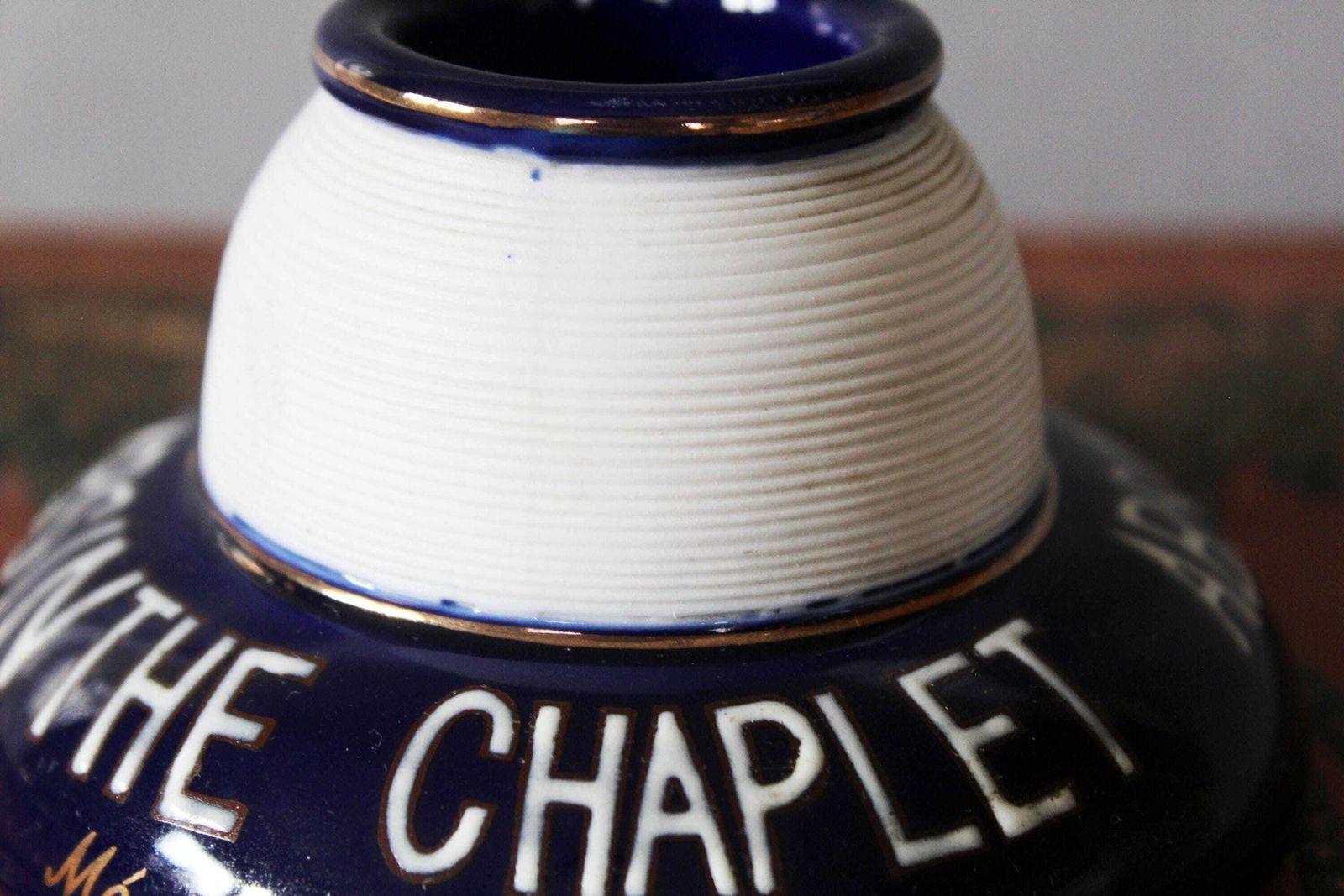 Home Decor Vintage Ribbed Porcelaine French Pyrogene, Match Striker, Match Holder, Collector Advertising, Blue And White, Gold Rims, Absinthe Chaplet photo