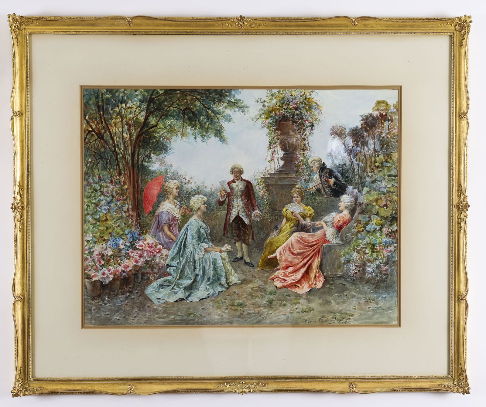 Antique Watercolour 'The Garden Music Recital' By Martinetti 19thc  83x102cm