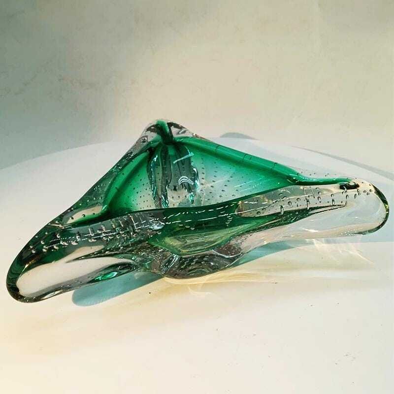 1960s Big Triangular Ashtray Or Catch All In Murano Glass With Air Bubble. Made In Italy.