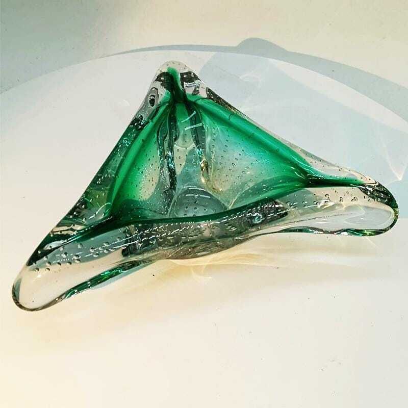 1960s Big Triangular Ashtray Or Catch All In Murano Glass With Air Bubble. Made In Italy. photo for sale