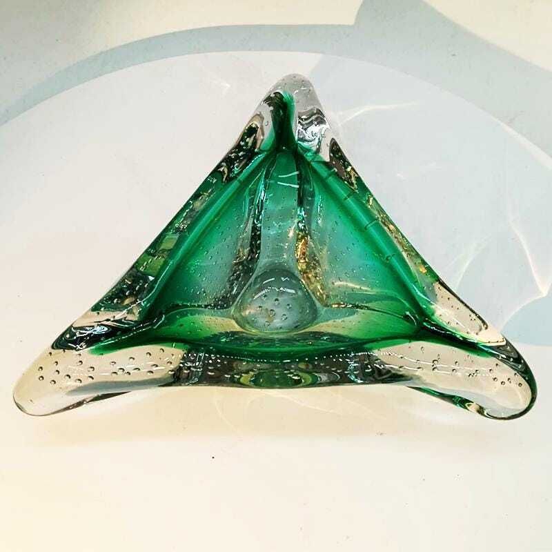 1960s Big Triangular Ashtray Or Catch All In Murano Glass With Air Bubble. Made In Italy. photo Home Decor